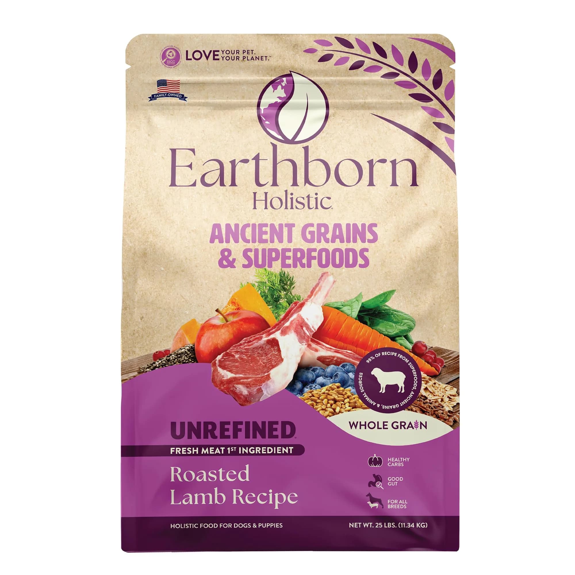 Earthborn Holistic Unrefined with Grains Roasted Lamb Dry Dog Food 11.34kg (25 lb) | Supports Sensitive Stomachs