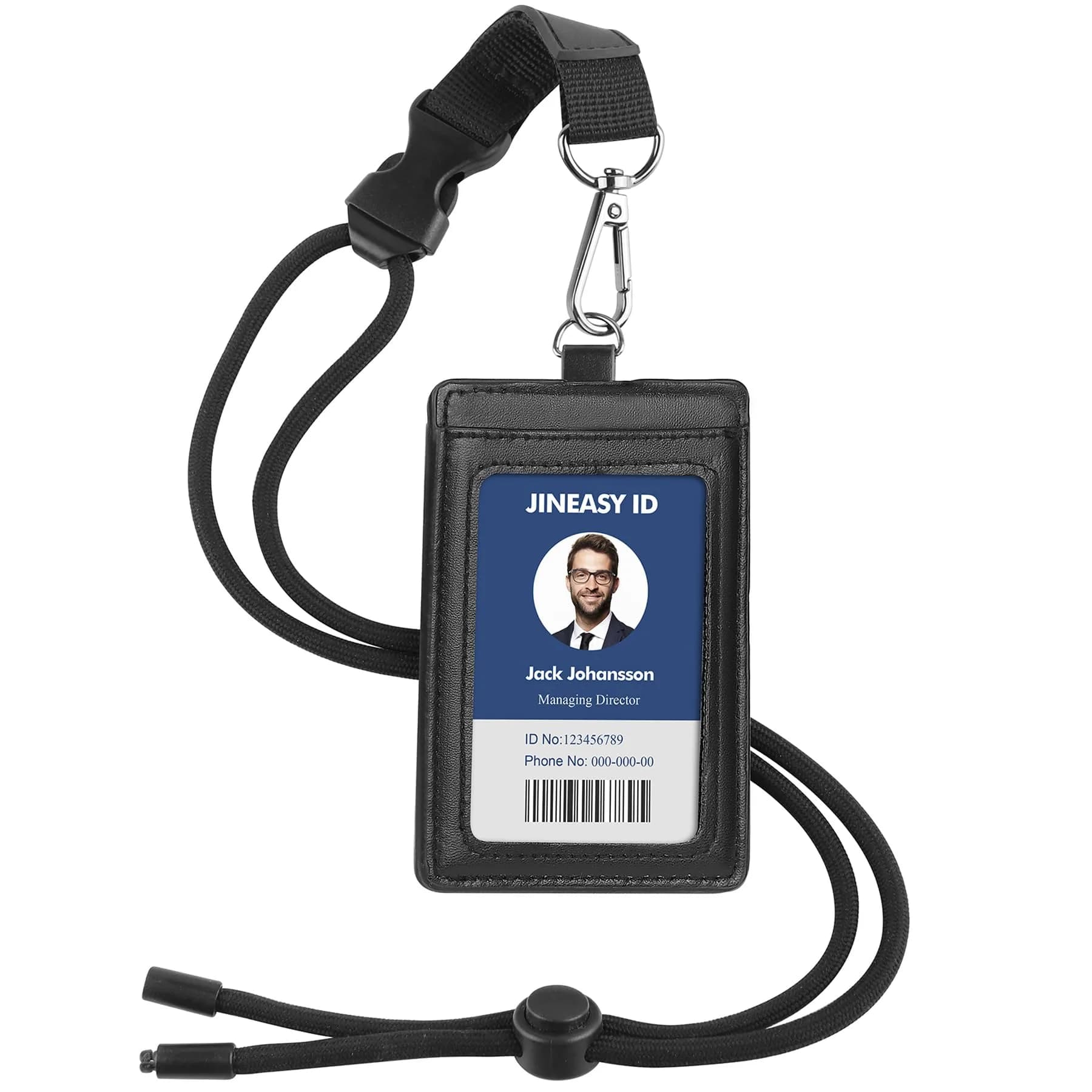JINEASY ID Black Leather Badge Holder with Breakaway Lanyard & Metal Clip, 7 x 11 cm (2.7 x 4.3 inch) | Genuine Leather, Detachable Buckle - main product image