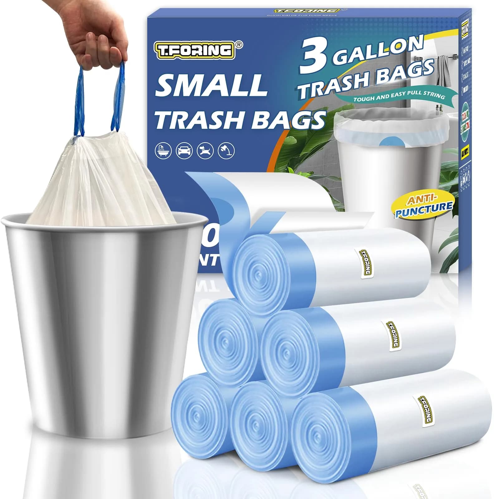 T.FORING 3 Gallon Drawstring Trash Bags, 120 Count White Unscented | Value Pack for Bathrooms & Offices - main product image
