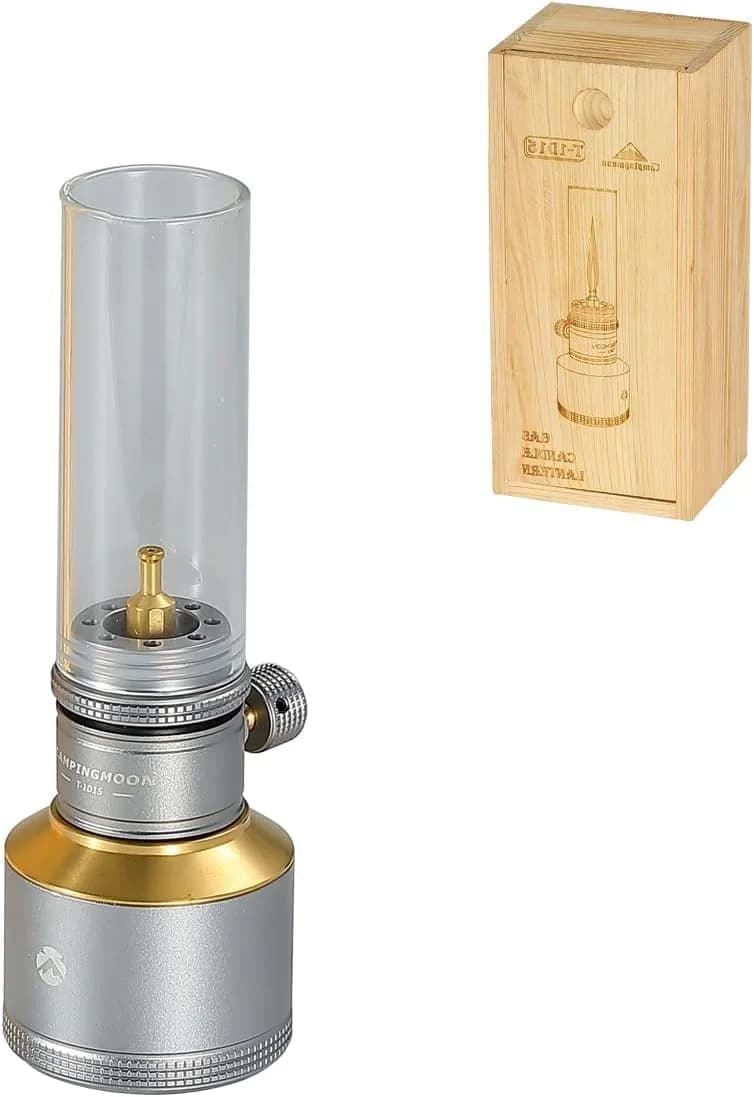 Campingmoon Gas Candle Lantern 15g | Real Flame, Refillable Tank, Wooden Case - main product image
