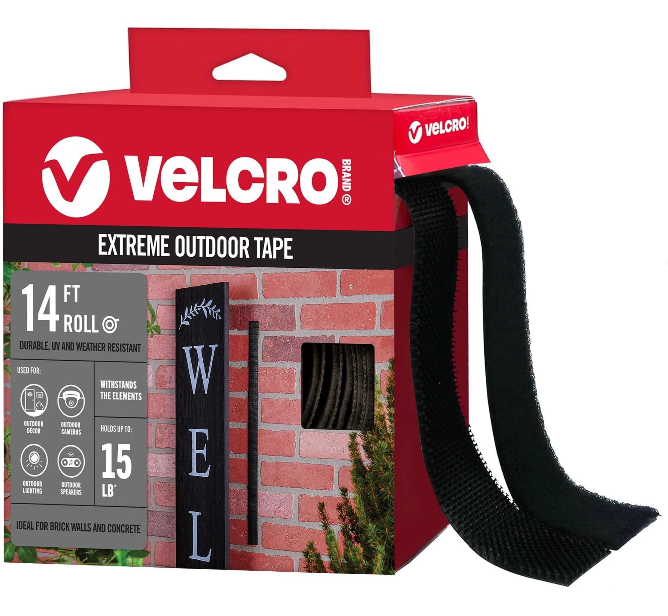 VELCRO Brand Extreme Outdoor Double Sided Mounting Tape Roll, 14ft x 1in Black | Holds 6.8kg (15 lbs) on Brick & Rough Surfaces - main product image