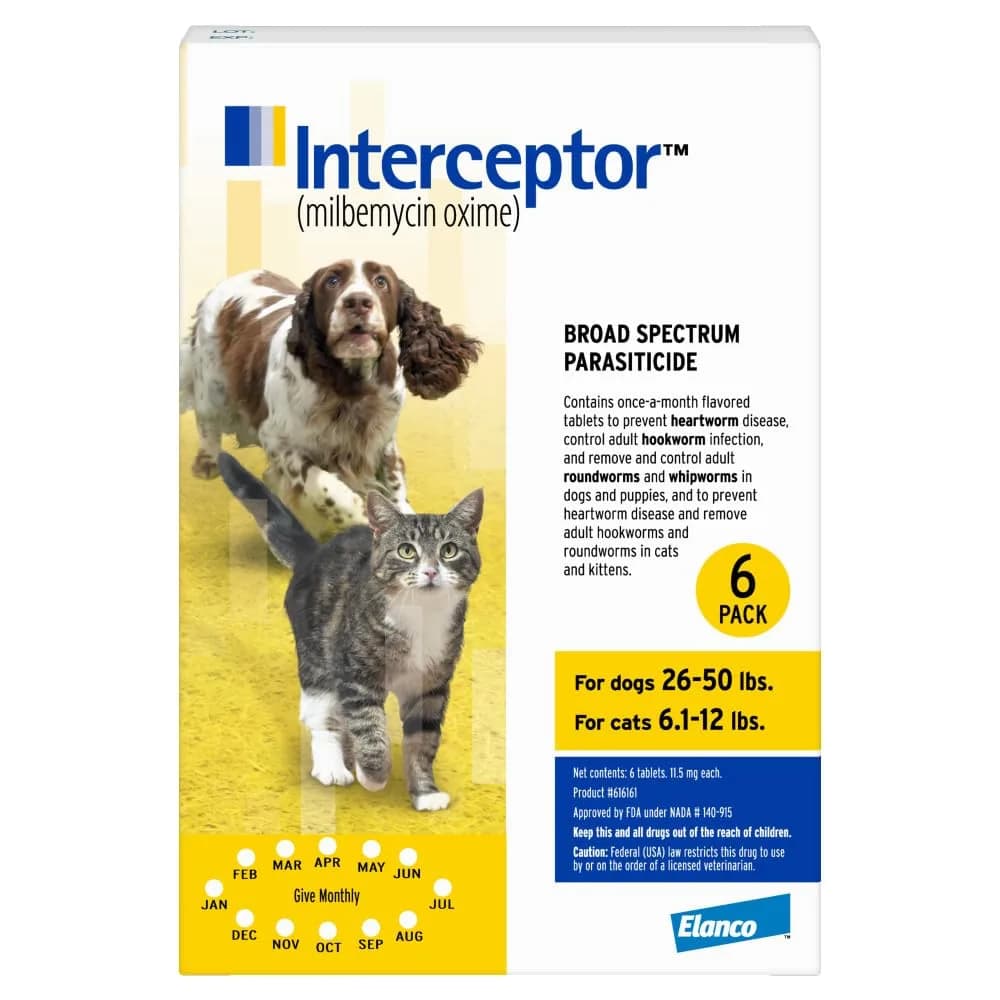 Interceptor for Dogs and Cats 26-50 lbs / 6.1-12 lbs | Heartworm & Worm Prevention
