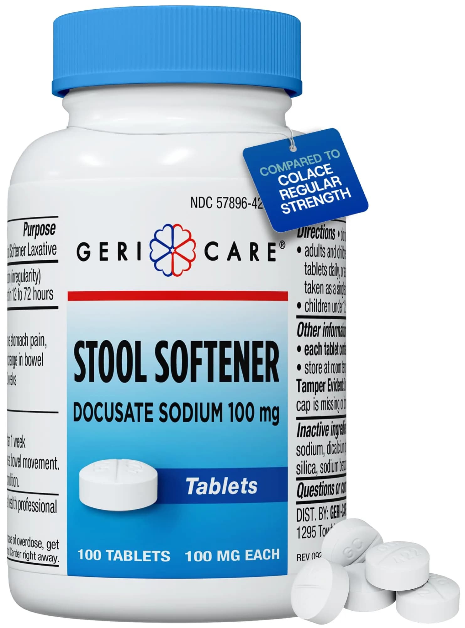 GeriCare Docusate Sodium Stool Softeners 100mg | Dye-Free, Crushable Tablets for Constipation Relief (100 Count)