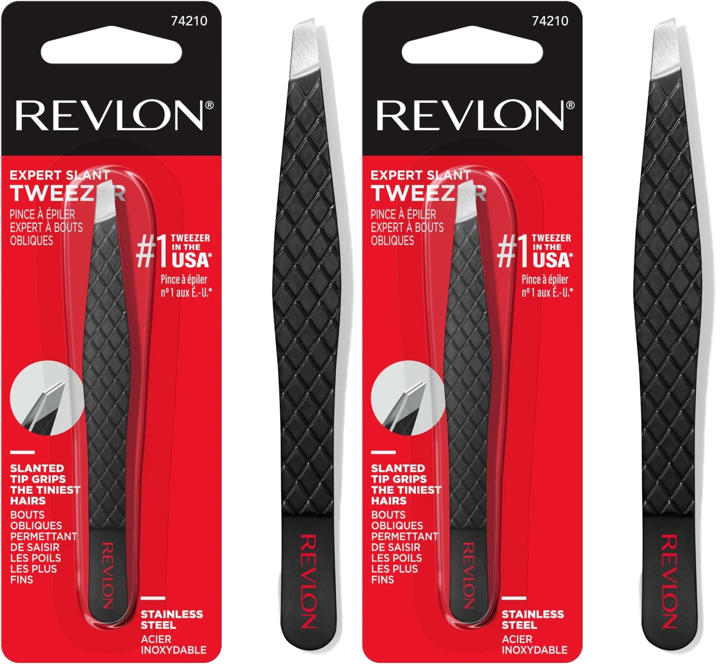 REVLON Expert Slant Tip Tweezer, Stainless Steel | Pack of 2 | 4.5 cm (1.9 in) - main product image