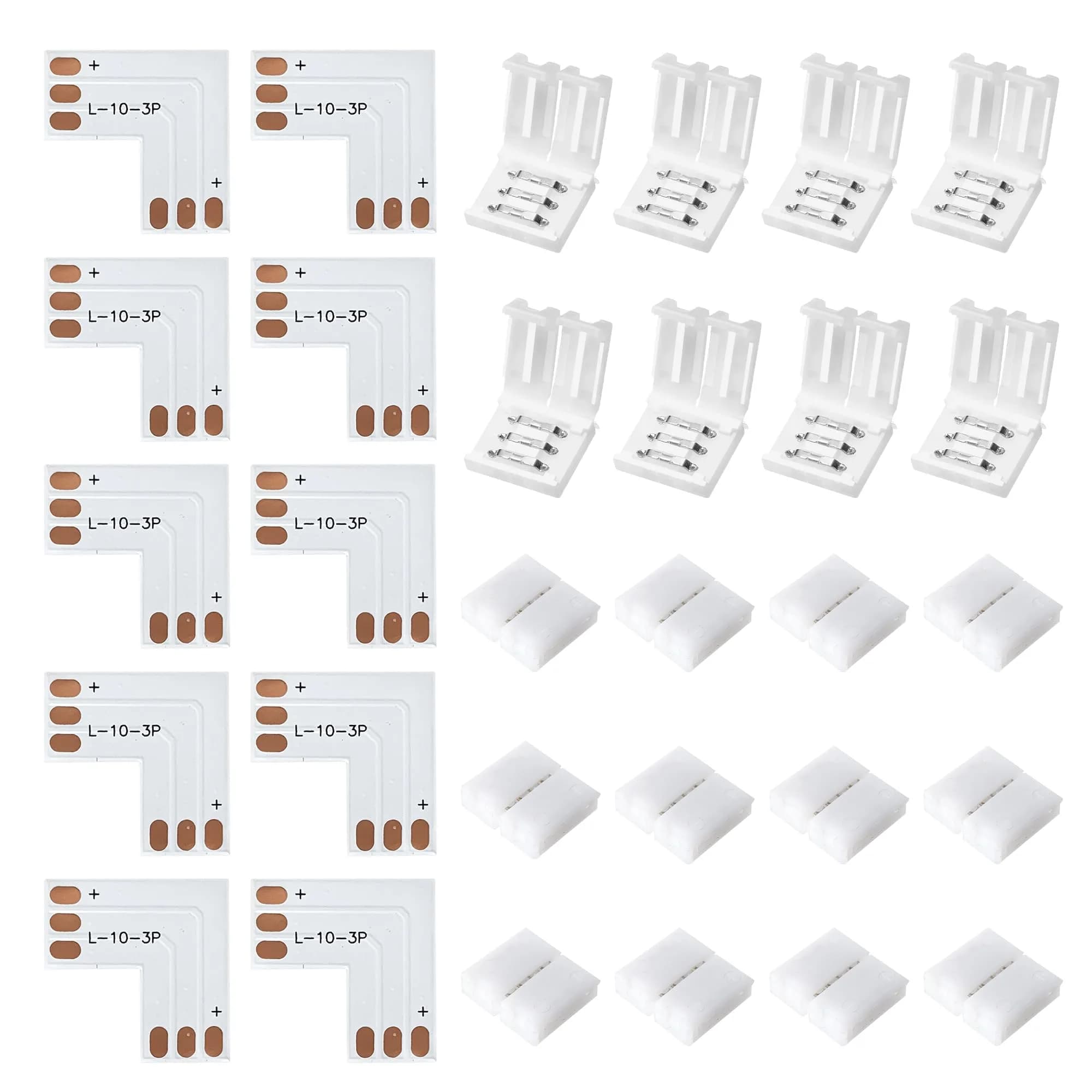 JACKYLED 30 Pcs 3-Pin LED Connectors 10mm L Shape | Unwired Solderless Gapless Adapter for WS2811, SK6812, 72W - main product image