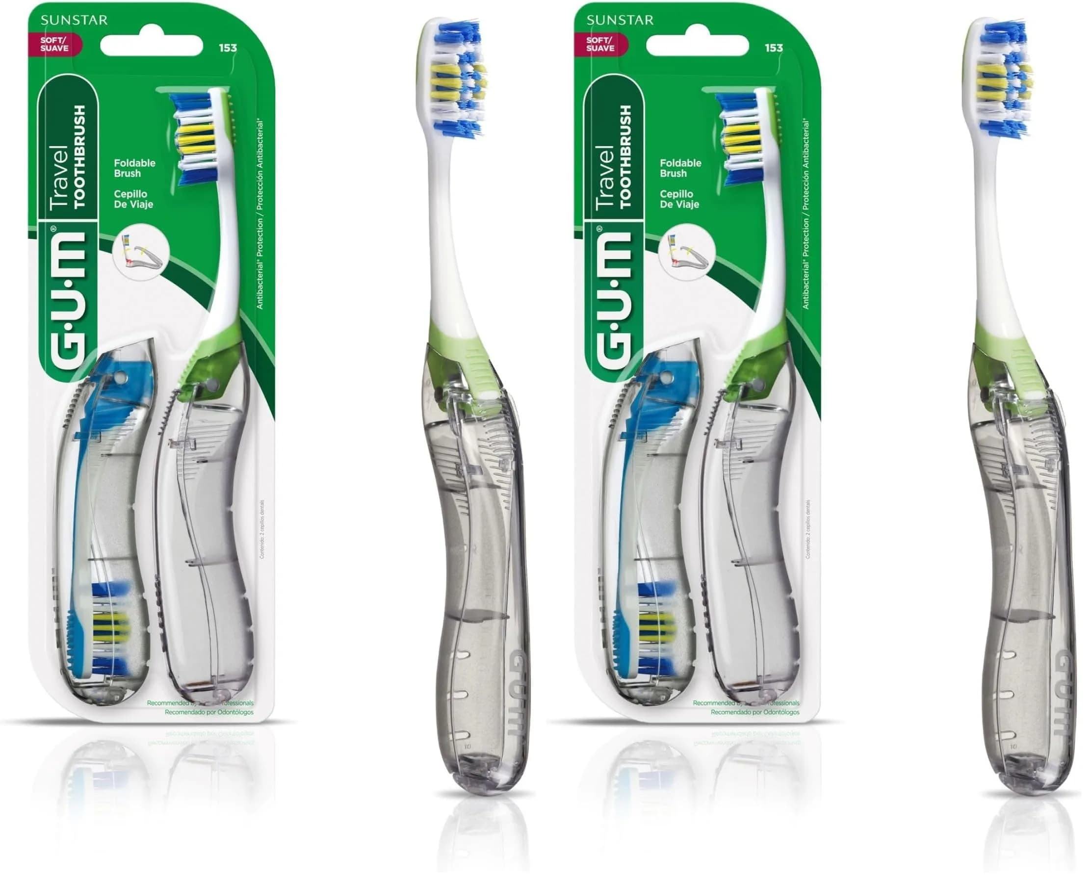 GUM Folding Travel Toothbrush 2ct (Pack of 2) | Compact Head + Tongue Cleaner, Soft Bristles - main product image