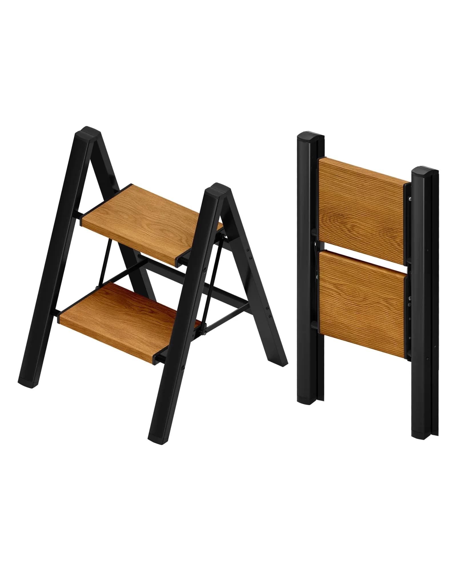 Taranta 2 Step Aluminum Ladder Foldable BlackWoodgrain | Compact, Safe & Lightweight (70-120c)