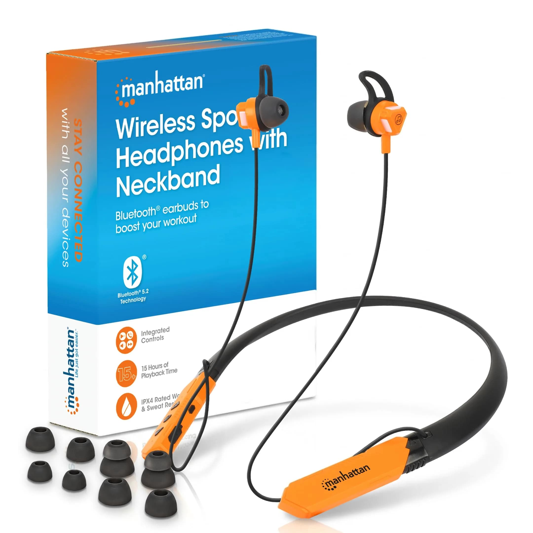 MANHATTAN Bluetooth Neckband Earbuds 15-Hour Battery IPX4 Mic | Wireless, Noise-Isolating, USB-C Recharge