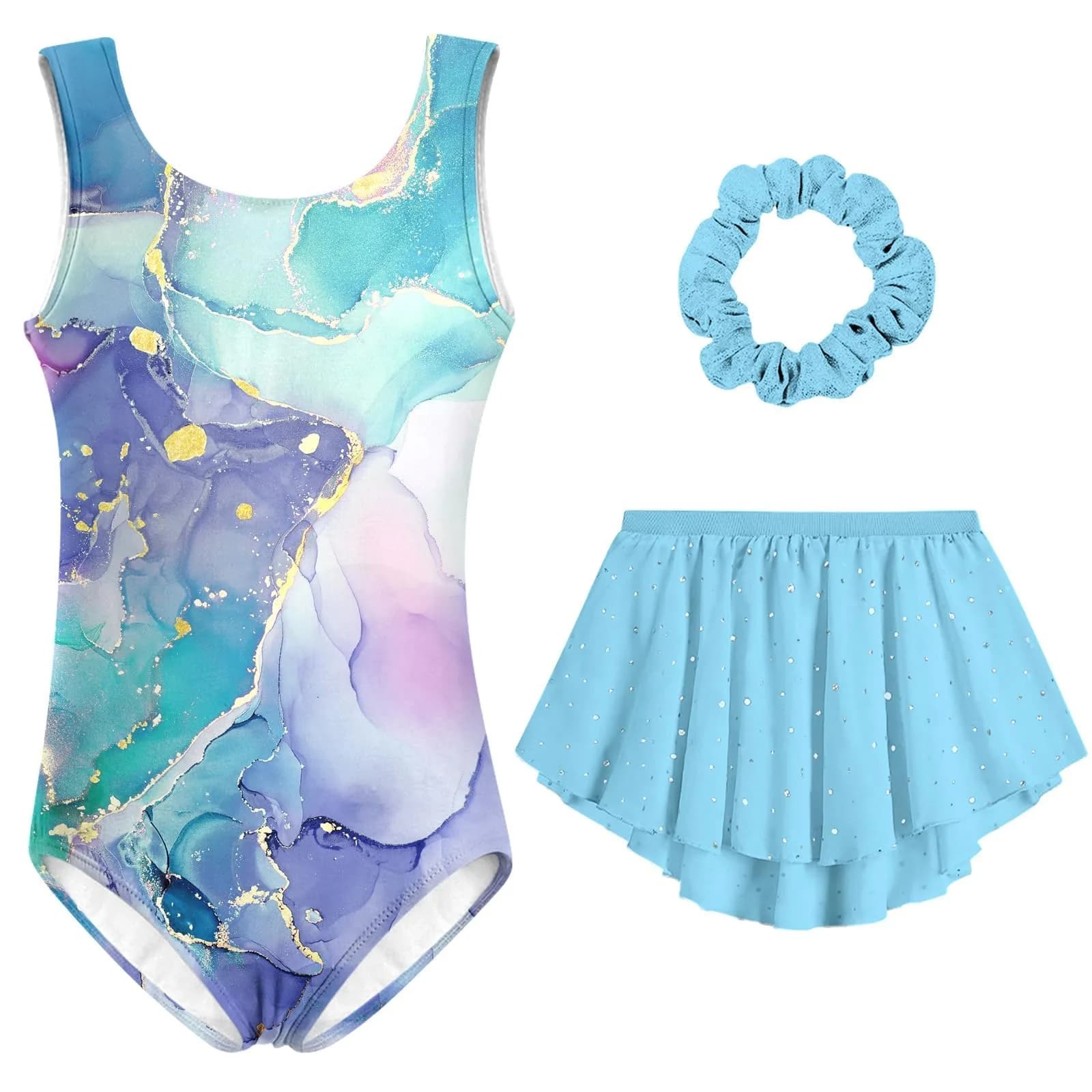 Idgreatim Girls Gymnastics Leotards 3-Piece Outfit Aqua Marble 6-7 Years | Complete Set for Dance & Play - main product image