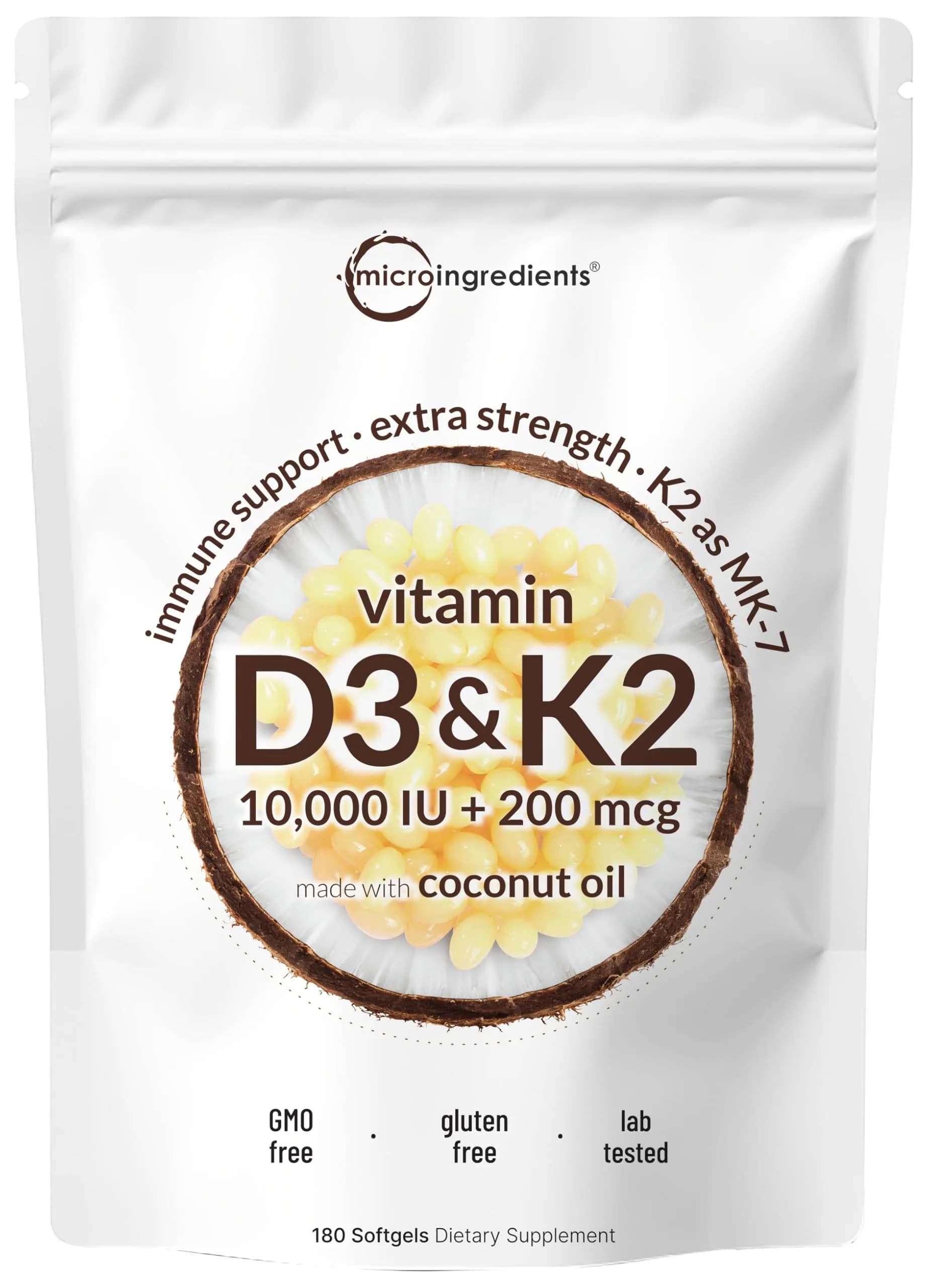Micro Ingredients Vitamin D3 10,000 IU + K2 MK-7 200 mcg Softgels | Gluten-Free Non-GMO Vitamin - main product image