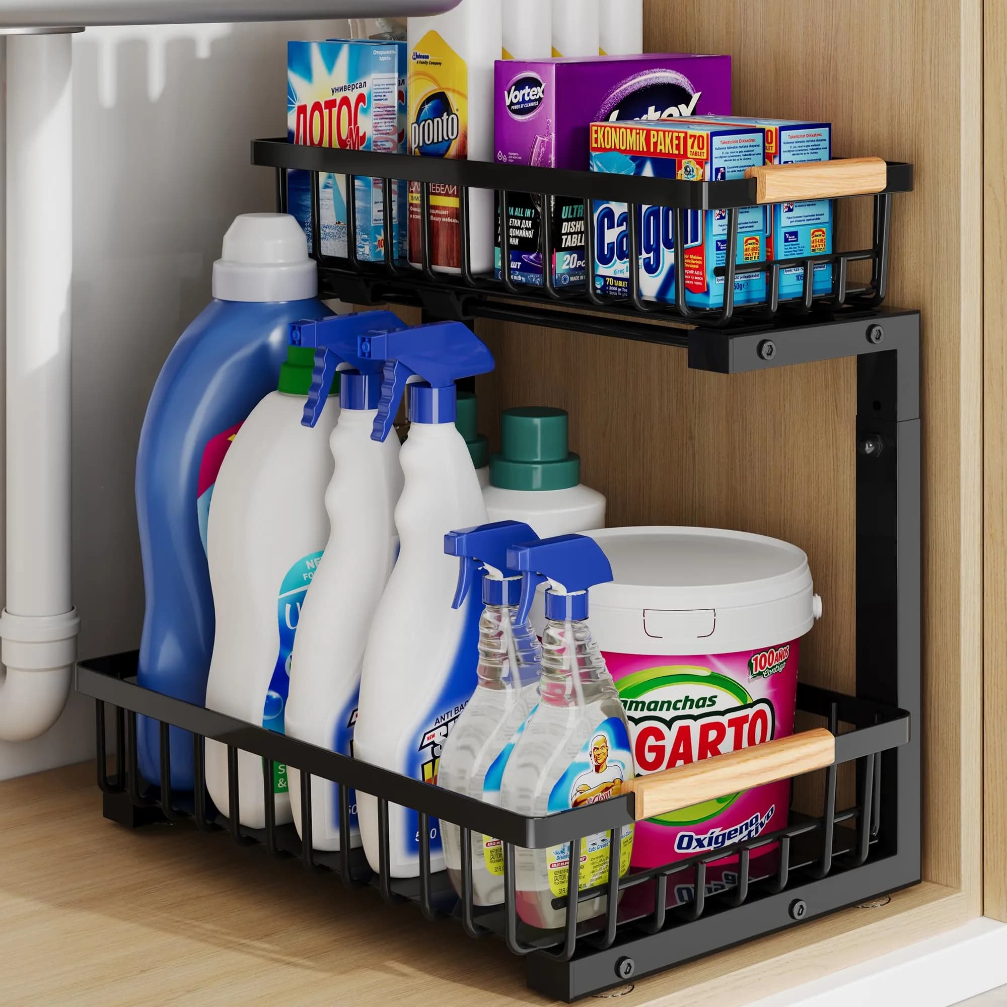 Hahaemall Under Sink Organizer Storage 1 Pack | Sliding 2 Tier Metal Rack for Kitchen & Bathroom - main product image