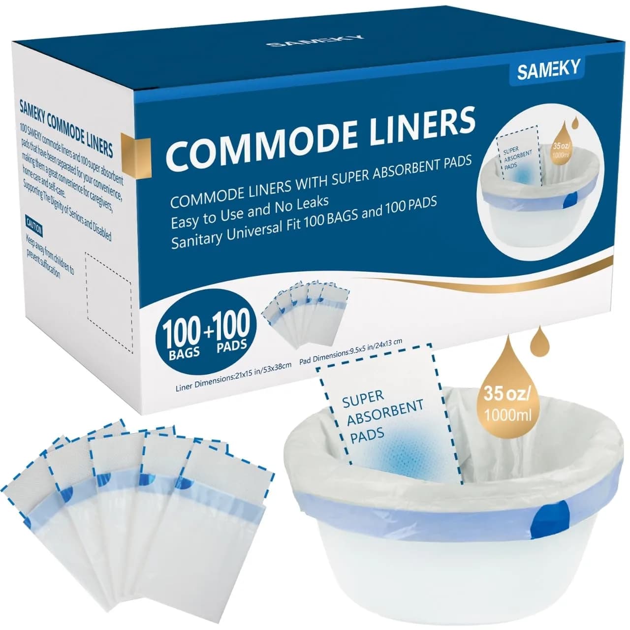 Sameky Commode Liners with Absorbent Pads 100 Bags + 100 Pads | 35 oz Capacity - main product image