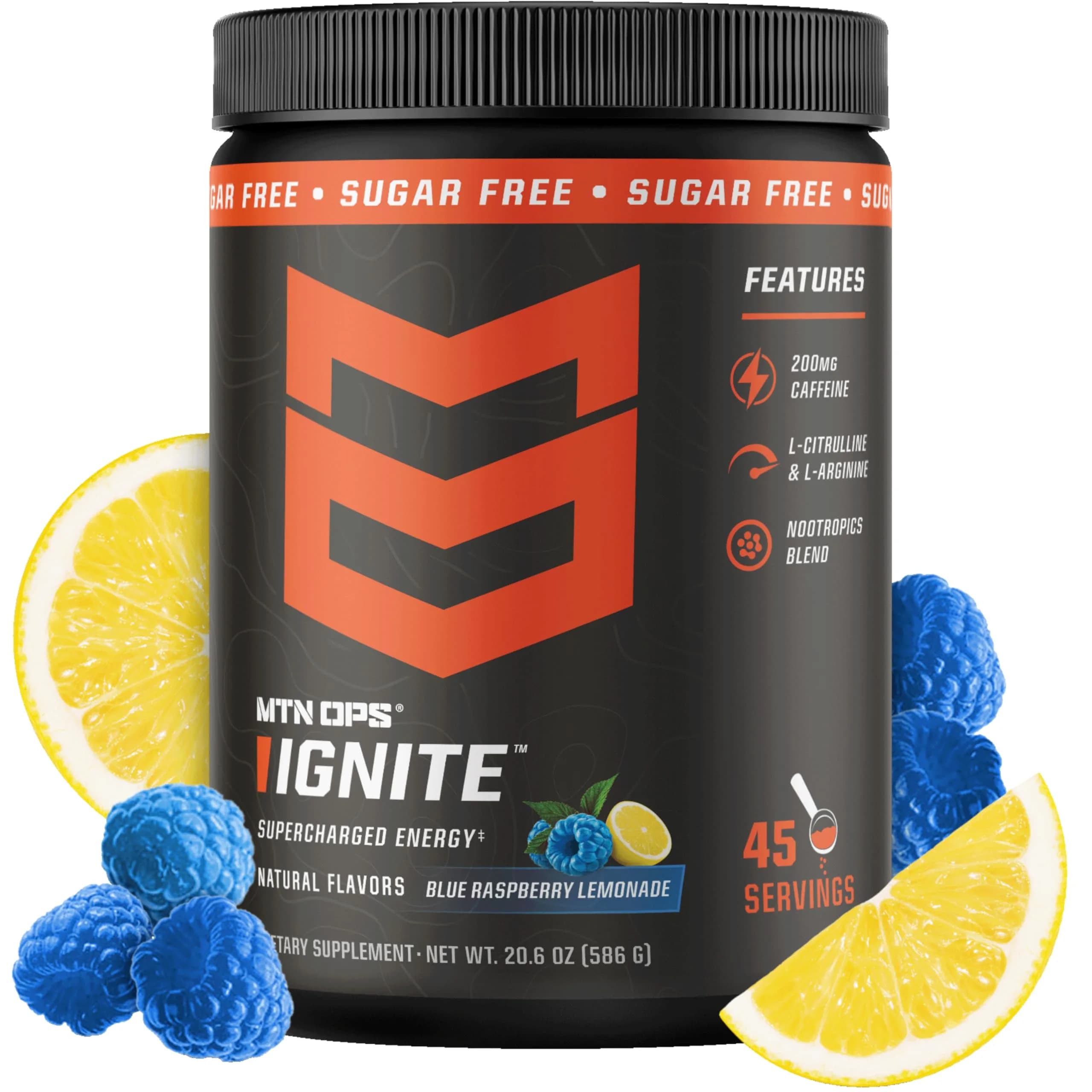 MTN OPS Ignite Energy Powder, Zero Sugar, Blue Raspberry Lemonade | Gluten-Free, 45 Servings, USA Import - main product image