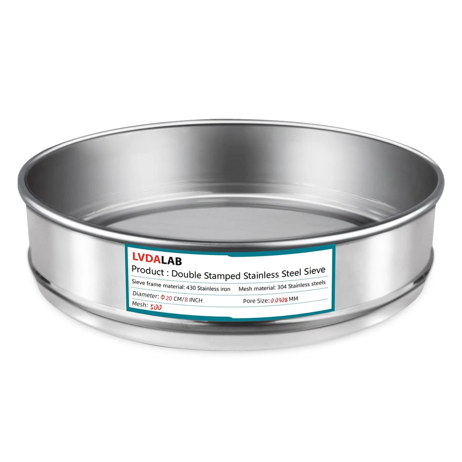 LVDALAB 7.9" (20cm) 304 Stainless Steel Lab Sieve, 500 Mesh (0.0308mm) for Fine Powder Testing - main product image