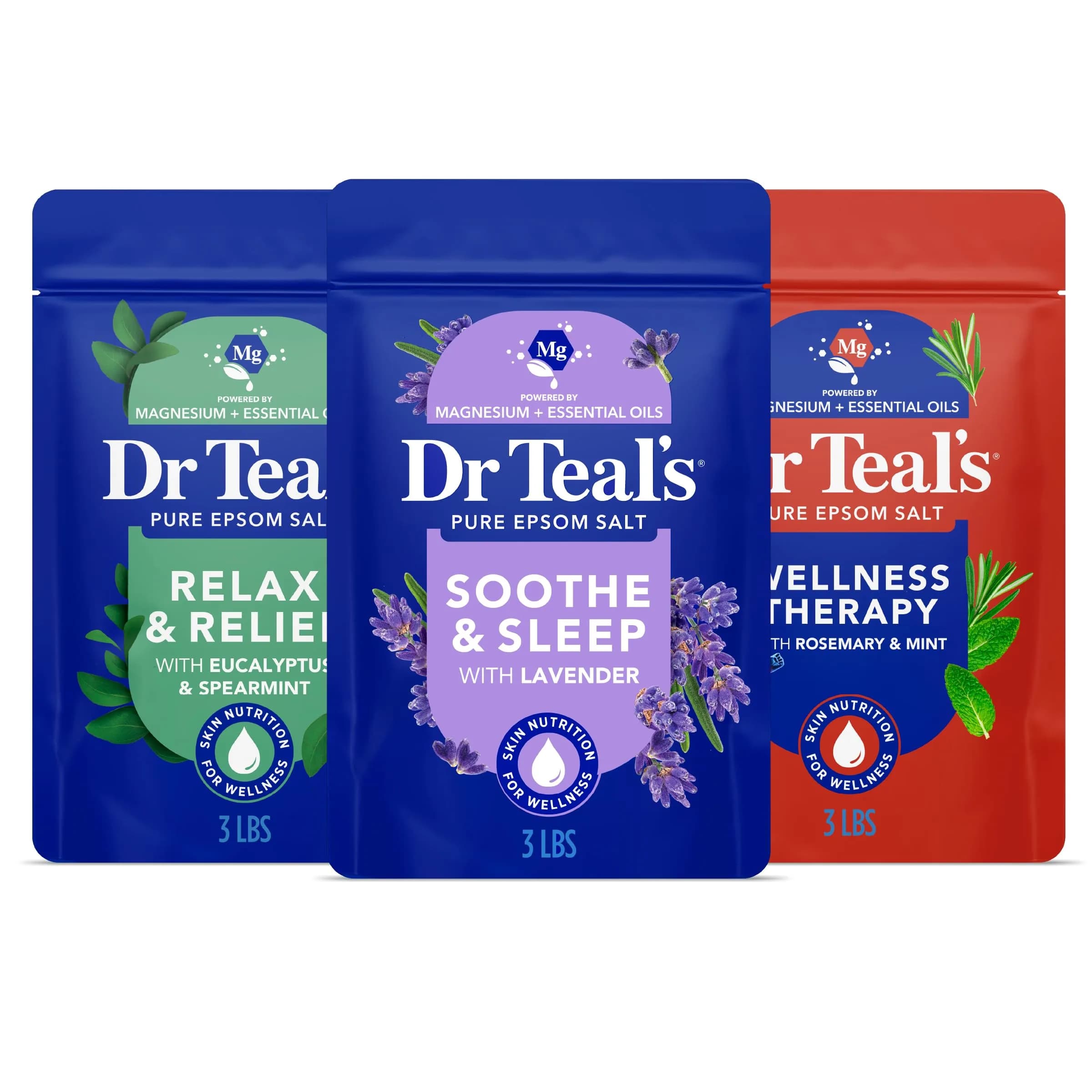 Dr Teal's Epsom Salt Magnesium Soak Trio 144 oz (4.34 kg) | Lavender, Eucalyptus & Rosemary Infused for Muscle Relief - main product image
