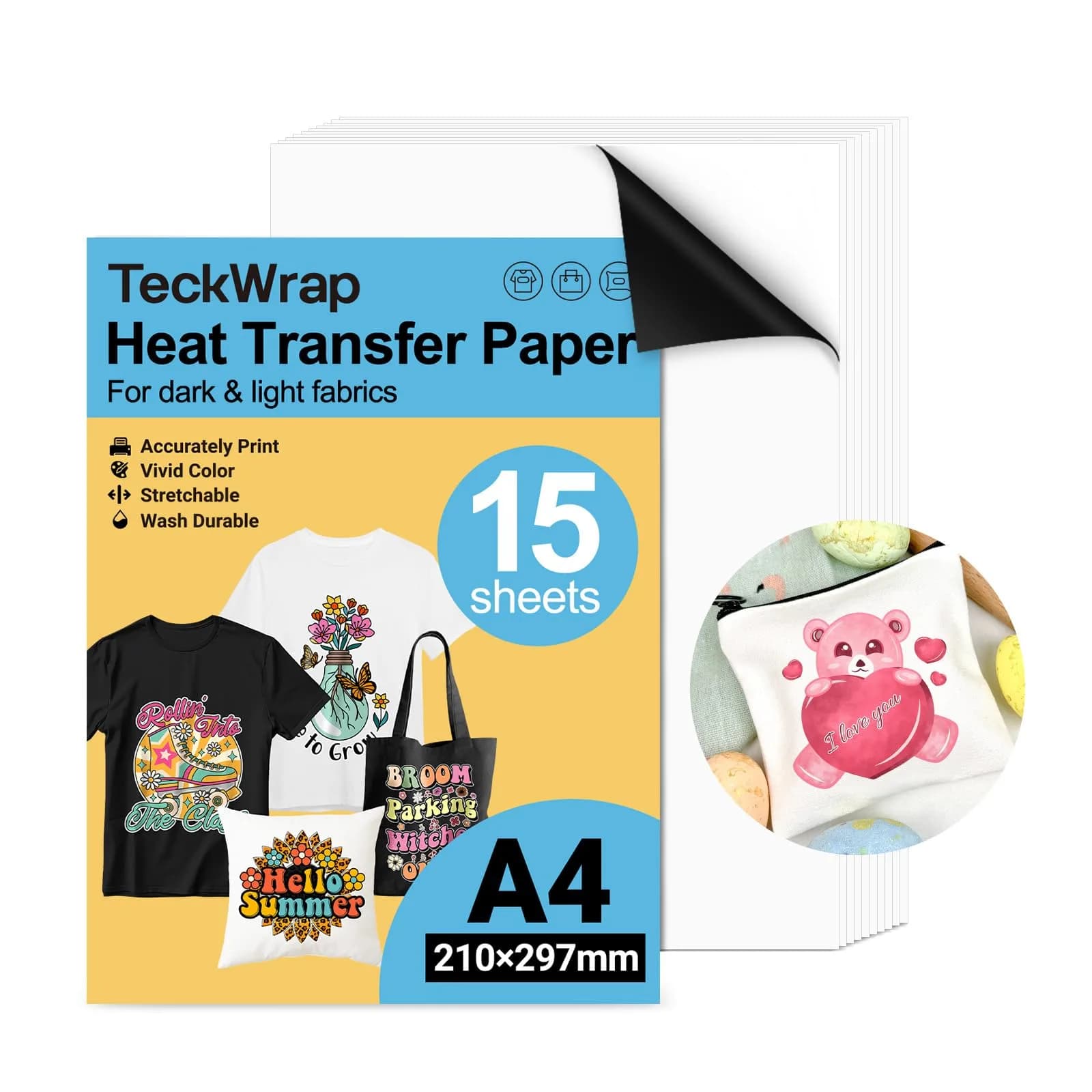 TECKWRAP Printable Heat Transfer Paper for T-Shirts 15 Sheets, 8.3" X 11.7" | Vibrant Colors & Durable Wash - main product image