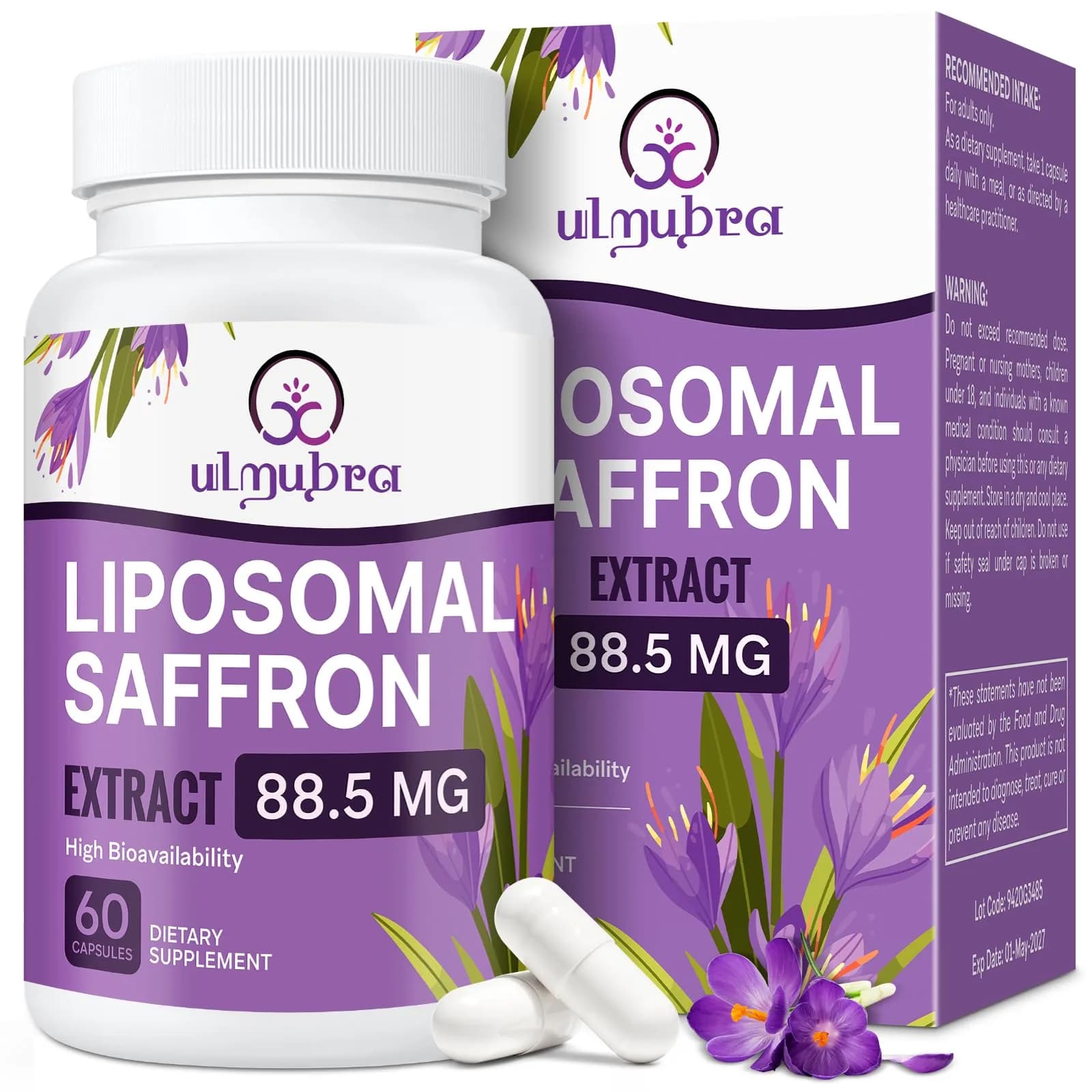 Ulmubra Liposomal Saffron Supplements 88.5 mg | Maximum Absorption for Mood, Energy & Vision - 60 Vegan Capsules