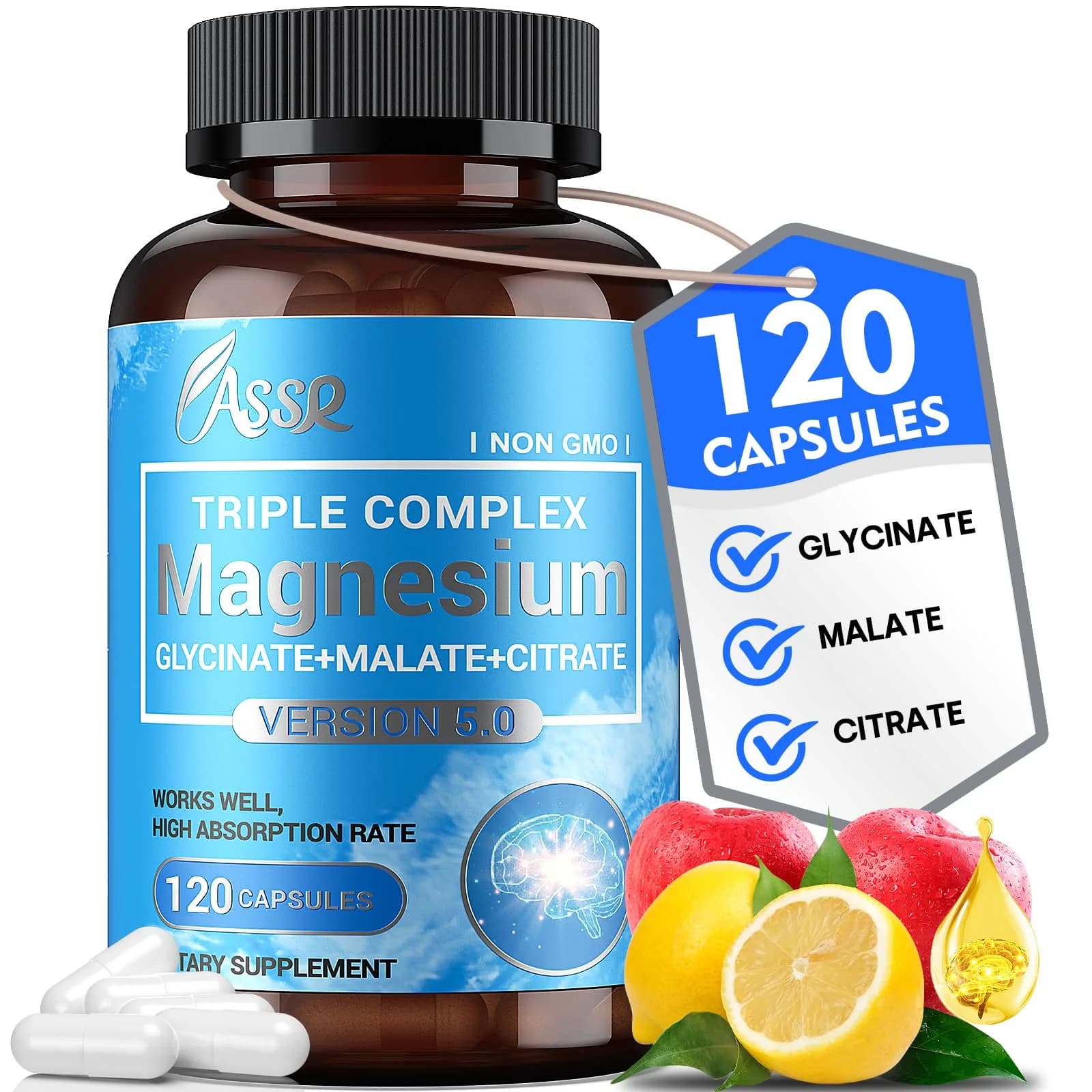 ASSR Triple Magnesium Complex 300mg | Supports Sleep, Energy & Relaxation, Vegan, Non-GMO, 120 Capsules