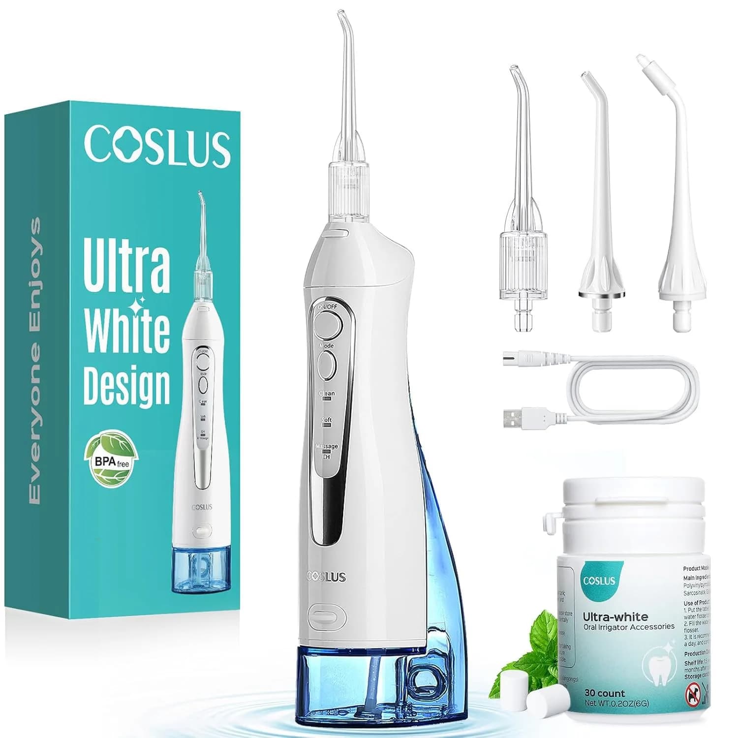 COSLUS C20 Water Dental Flosser with Whitening Kit, 300ml | ADA Accepted Oral Irrigator - main product image