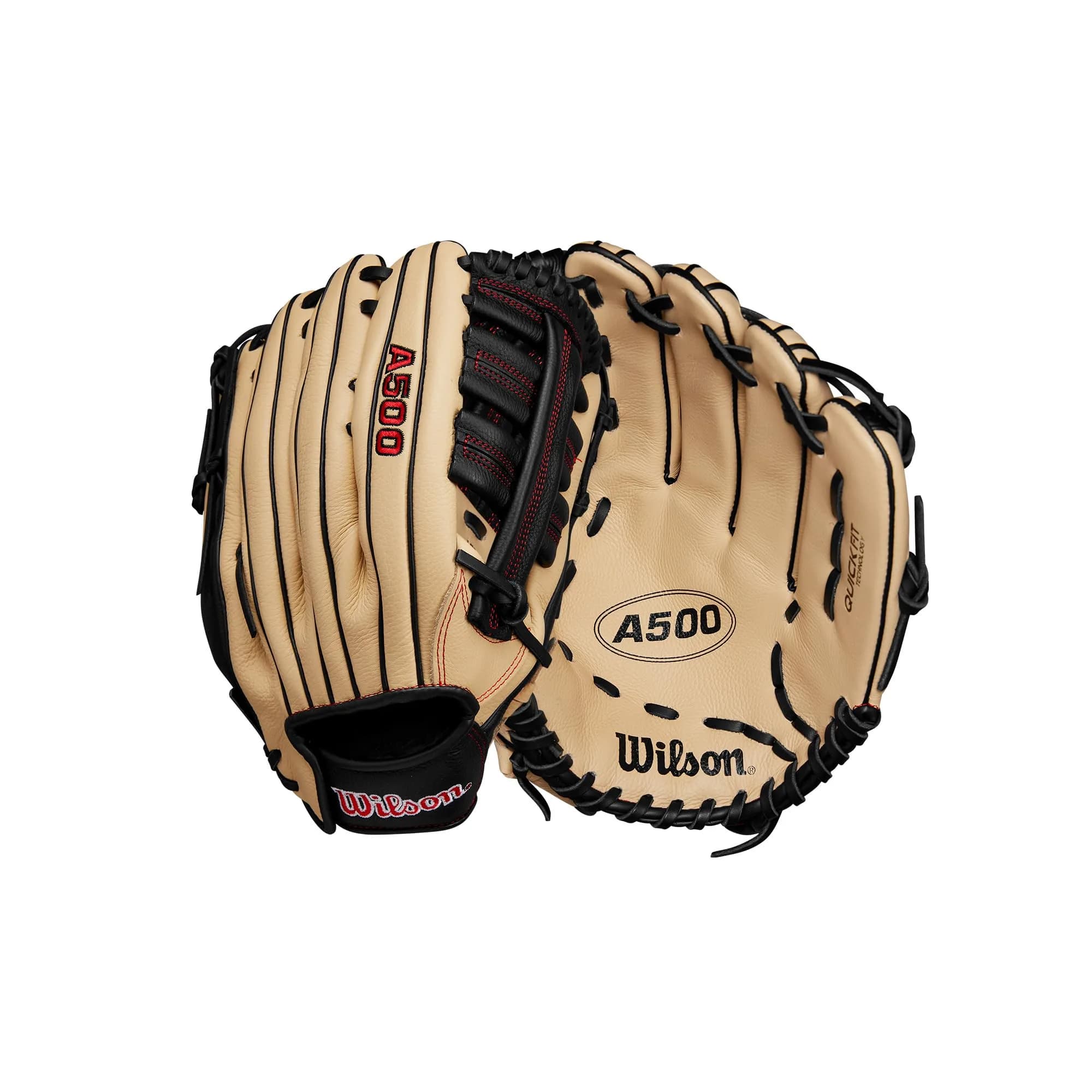 Wilson A500 12.5" Outfield Youth Baseball Glove - Left Hand Throw, Blonde/Red/Black | Lightweight Durability That Lasts - main product image