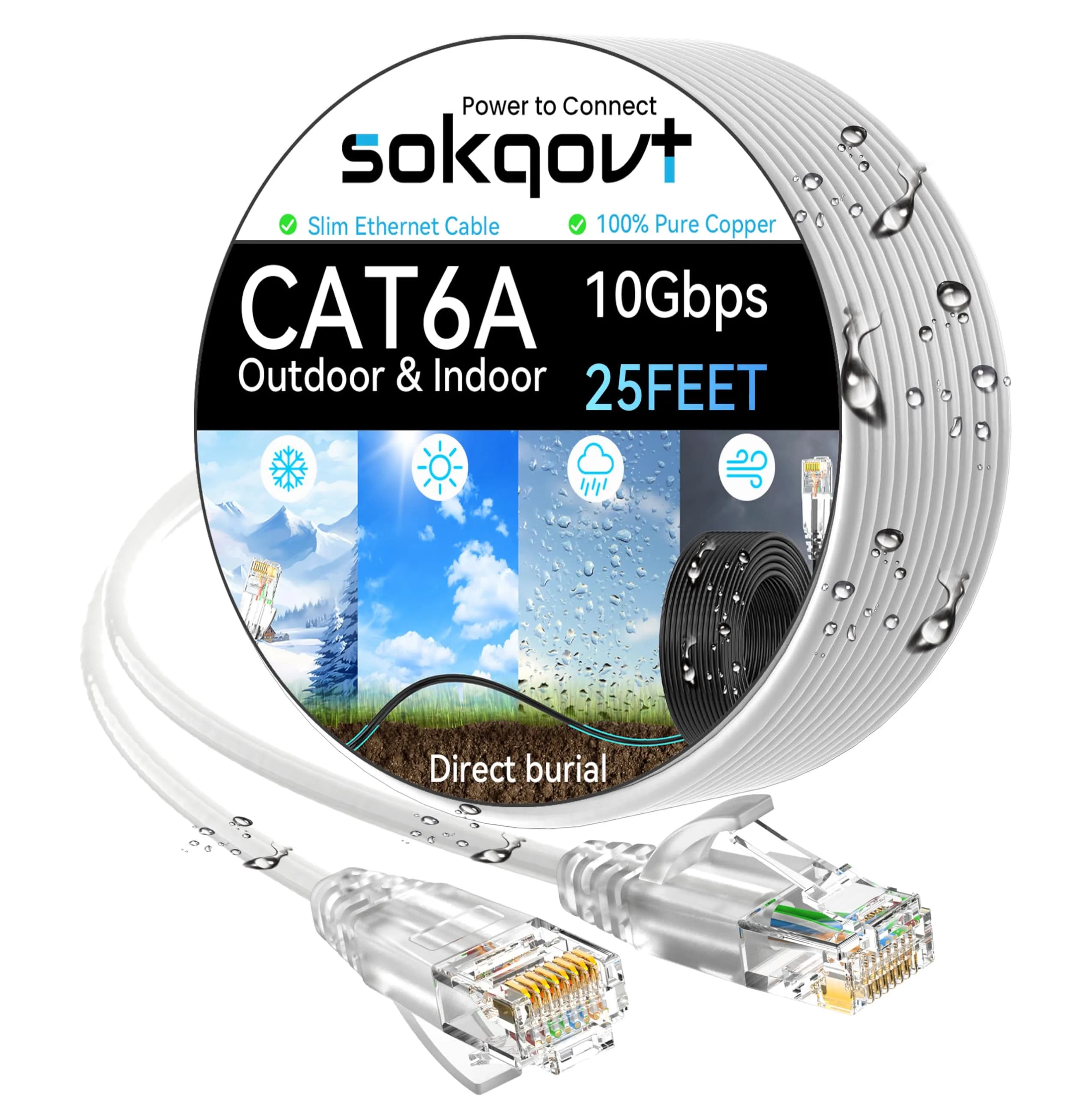 Sokqovt Cat6a Ethernet Cable Slim 25ft Outdoor Waterproof, 28AWG Pure Copper 10G 550MHZ for Indoor & Outdoor Use - main product image