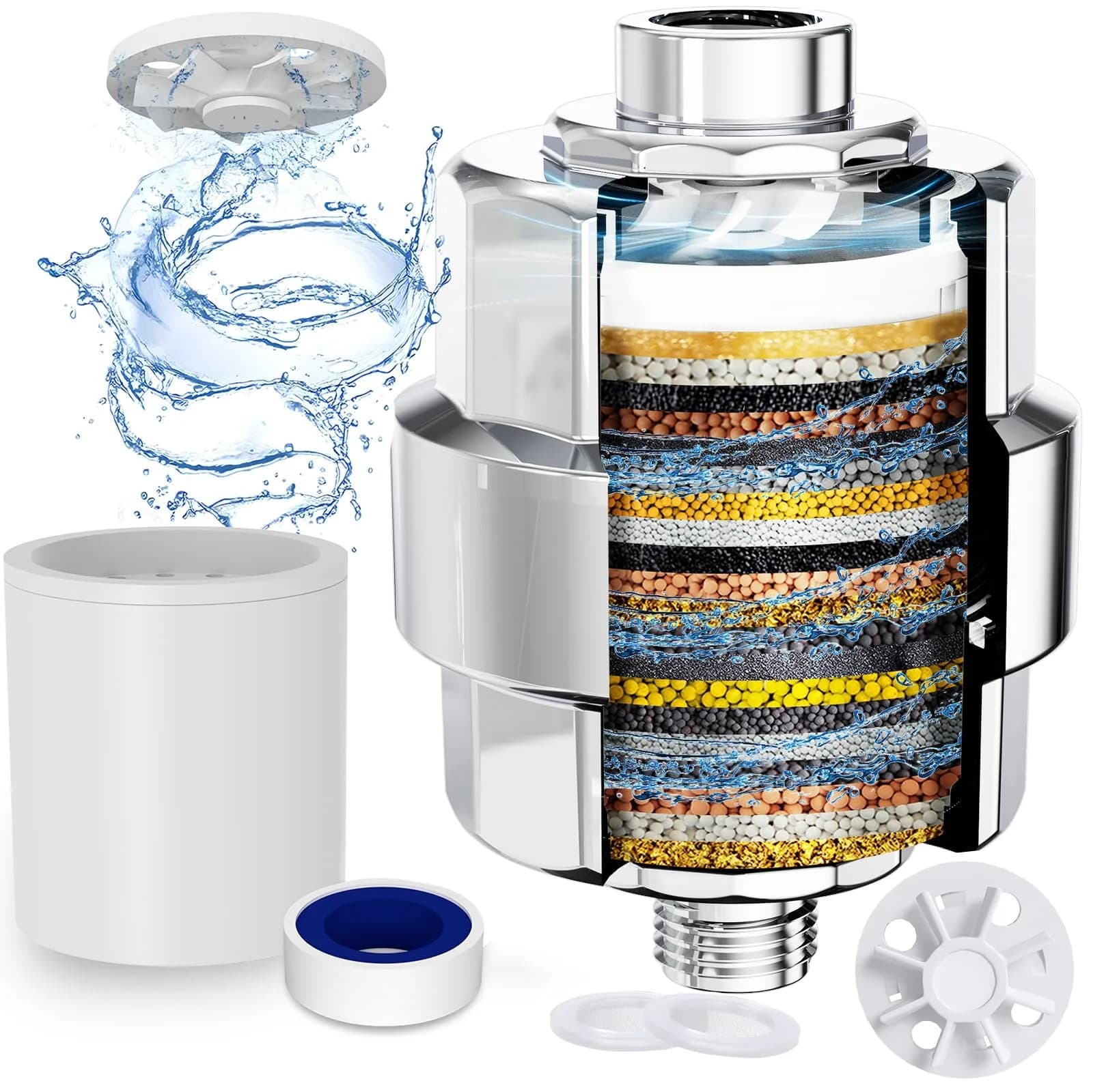 EMBATHER 20 Stage Shower Filter for Hard Water, 1 Cartridge, Chrome | 12,000 Gallons Filtered Water - main product image
