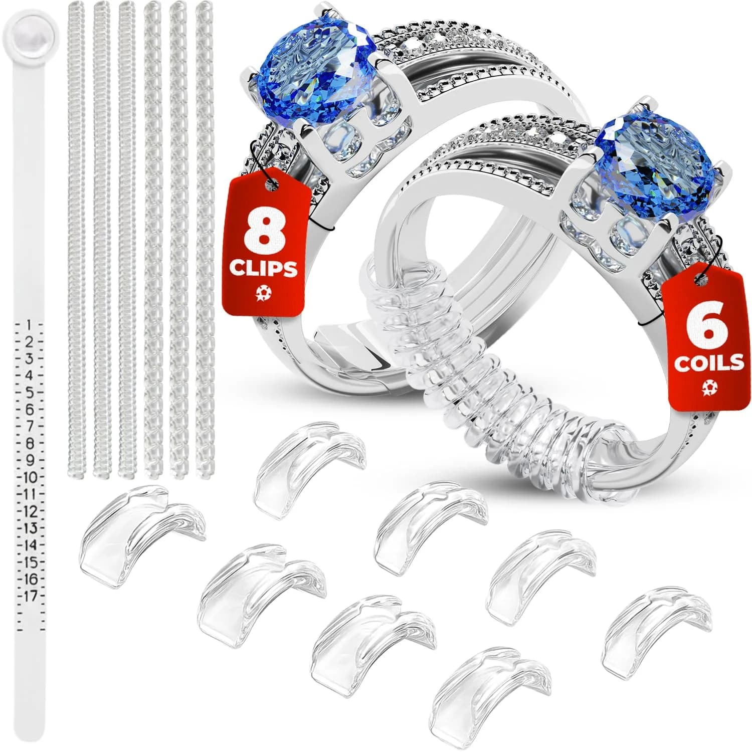 5 STARS UNITED Ring Sizers for Loose Rings - 15-Piece Kit with US Sizes 1-17 Gauge & Adjusters | Secure Fit for All Rings - main product image