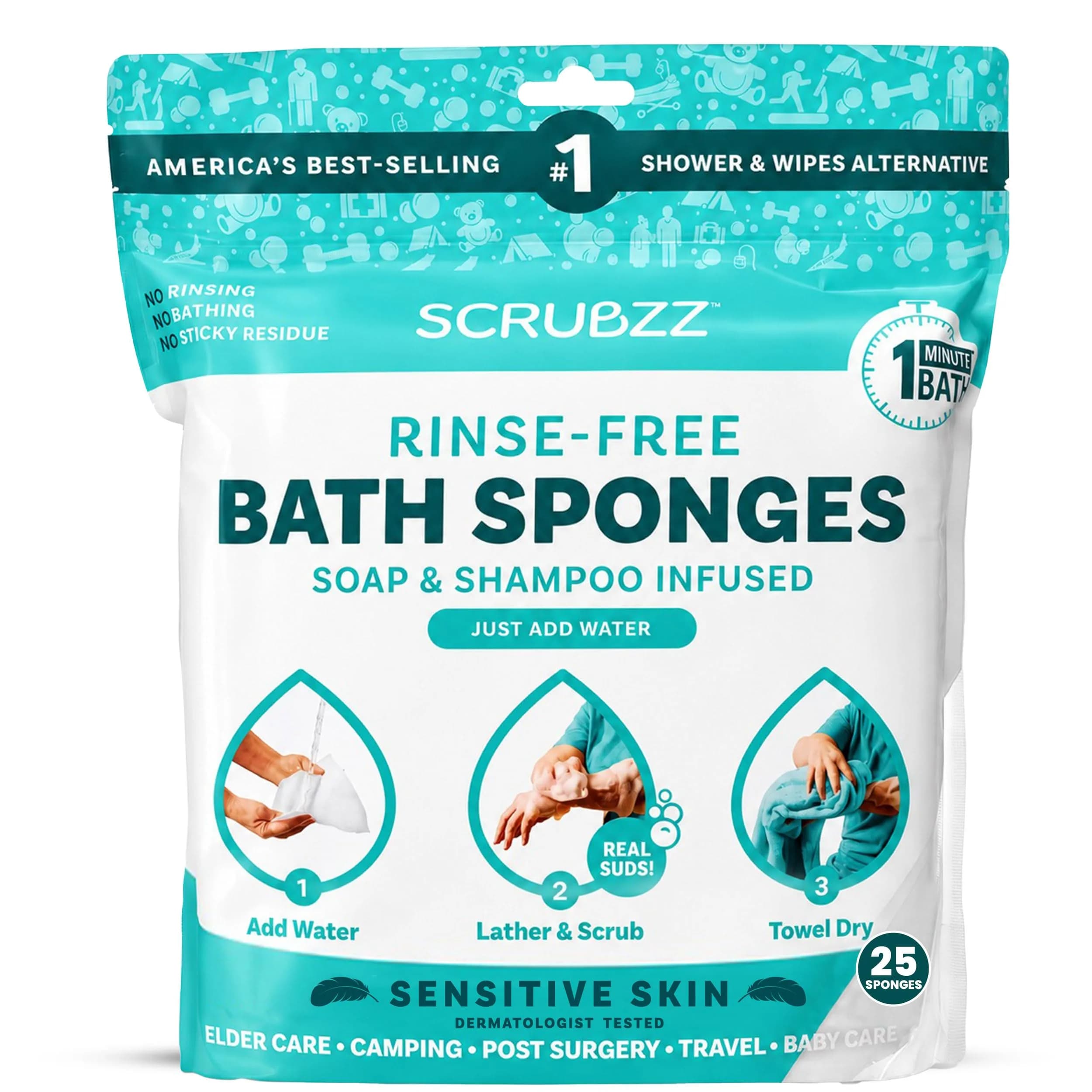 Scrubzz Sensitive Skin Rinse-Free Bathing Wipes 25 Count (19.8cm x 19.8cm) | Hypoallergenic & pH-Balanced for Gentle Cleansing - main product image