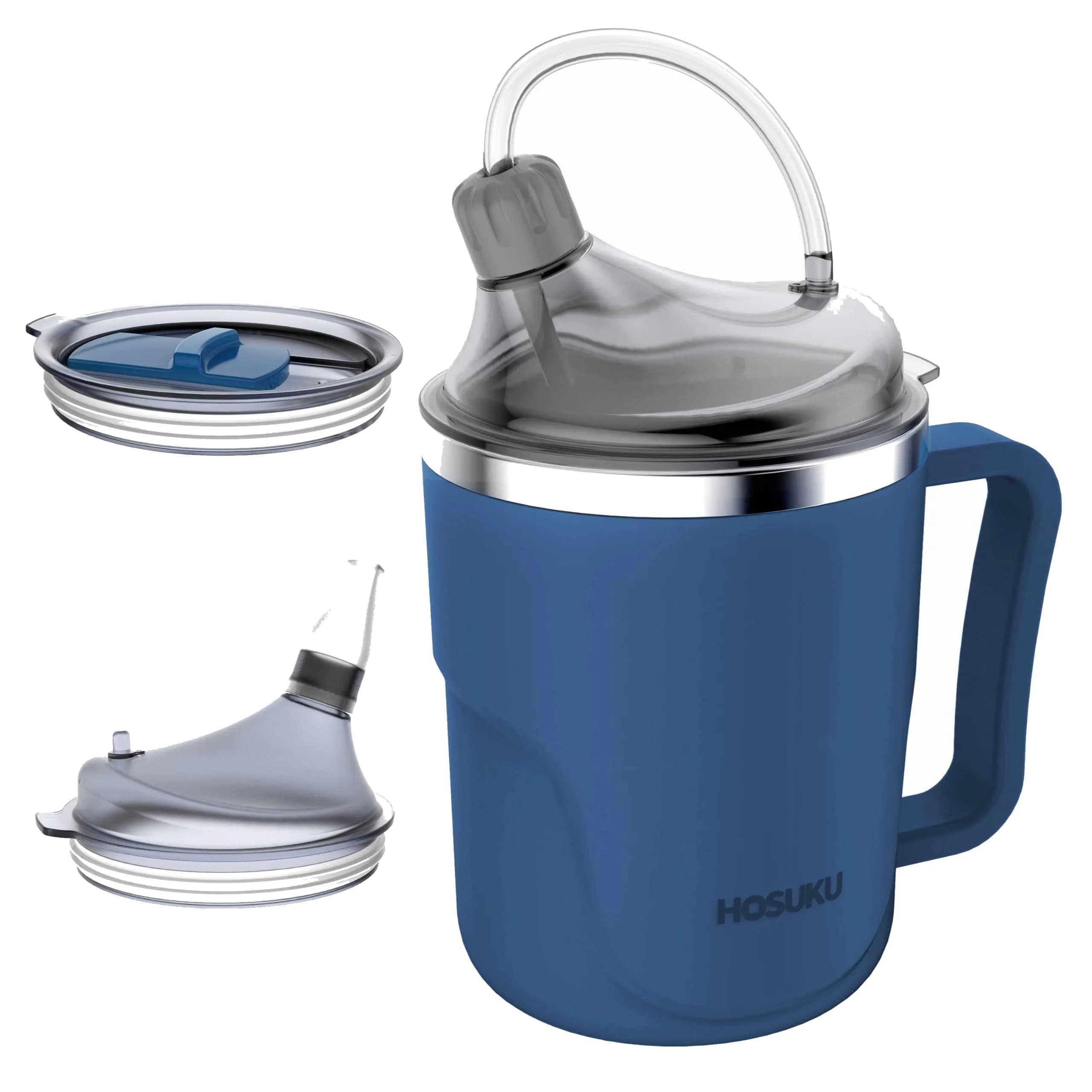 HOSUKU Adult Sippy Cup for Elderly 13.5 oz | 2 Lids, 3 Drinking Ways, Blue - main product image