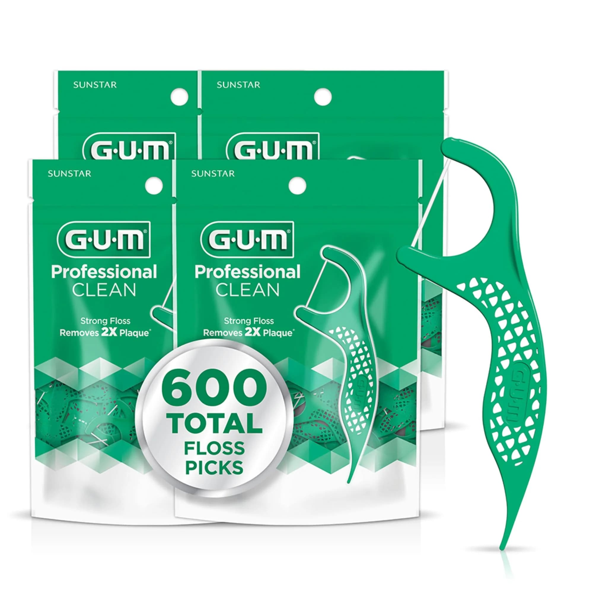 GUM Professional Clean Dental Floss Picks, Fresh Mint, 150 Count (4 Pack) | Shred-Resistant Floss & Precision Toothpick