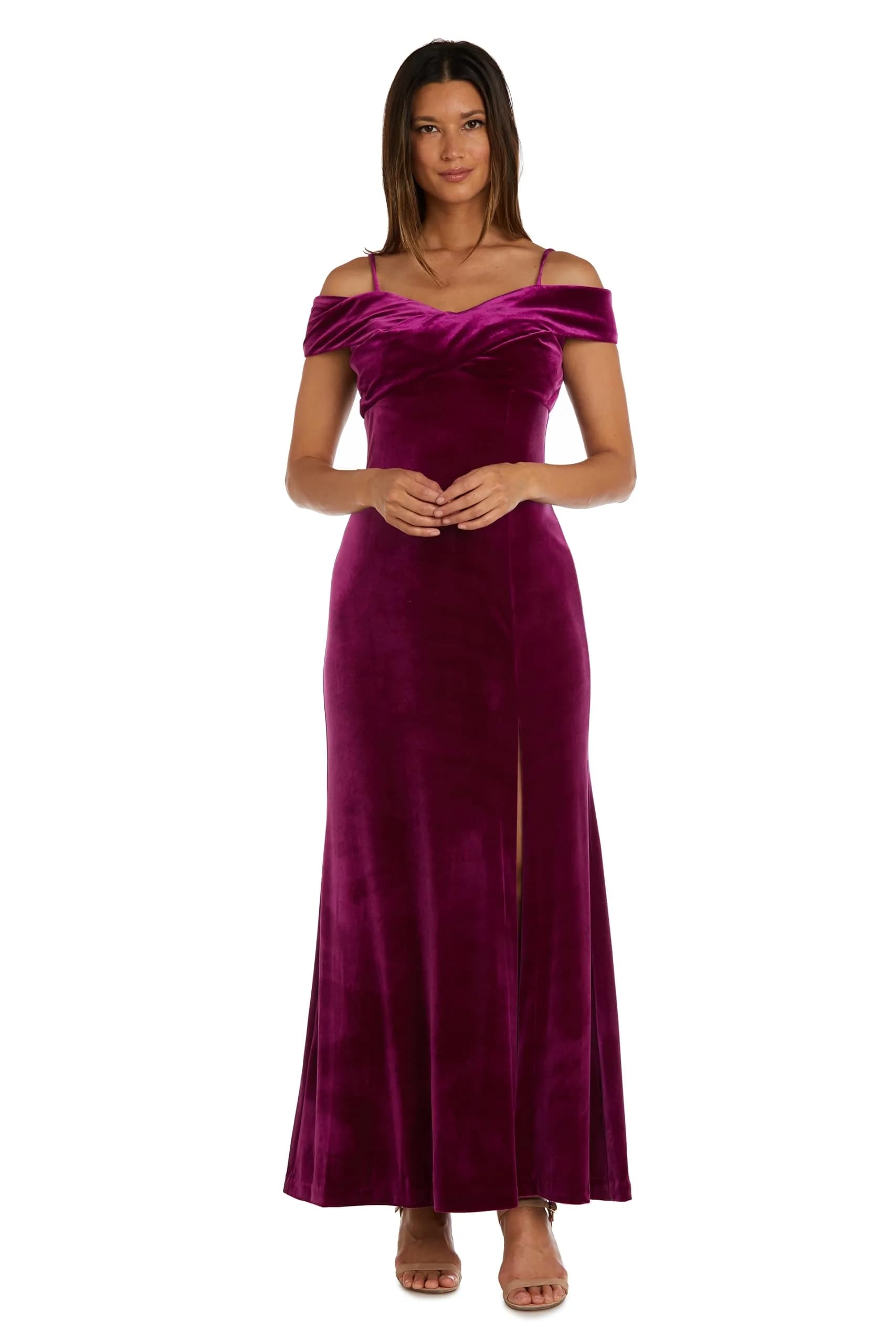 NIGHTWAY Long Stretch Velvet Cocktail Dress with Portrait Collar & Spaghetti Straps in Fuchsia | Elegant Evening Wear - main product image