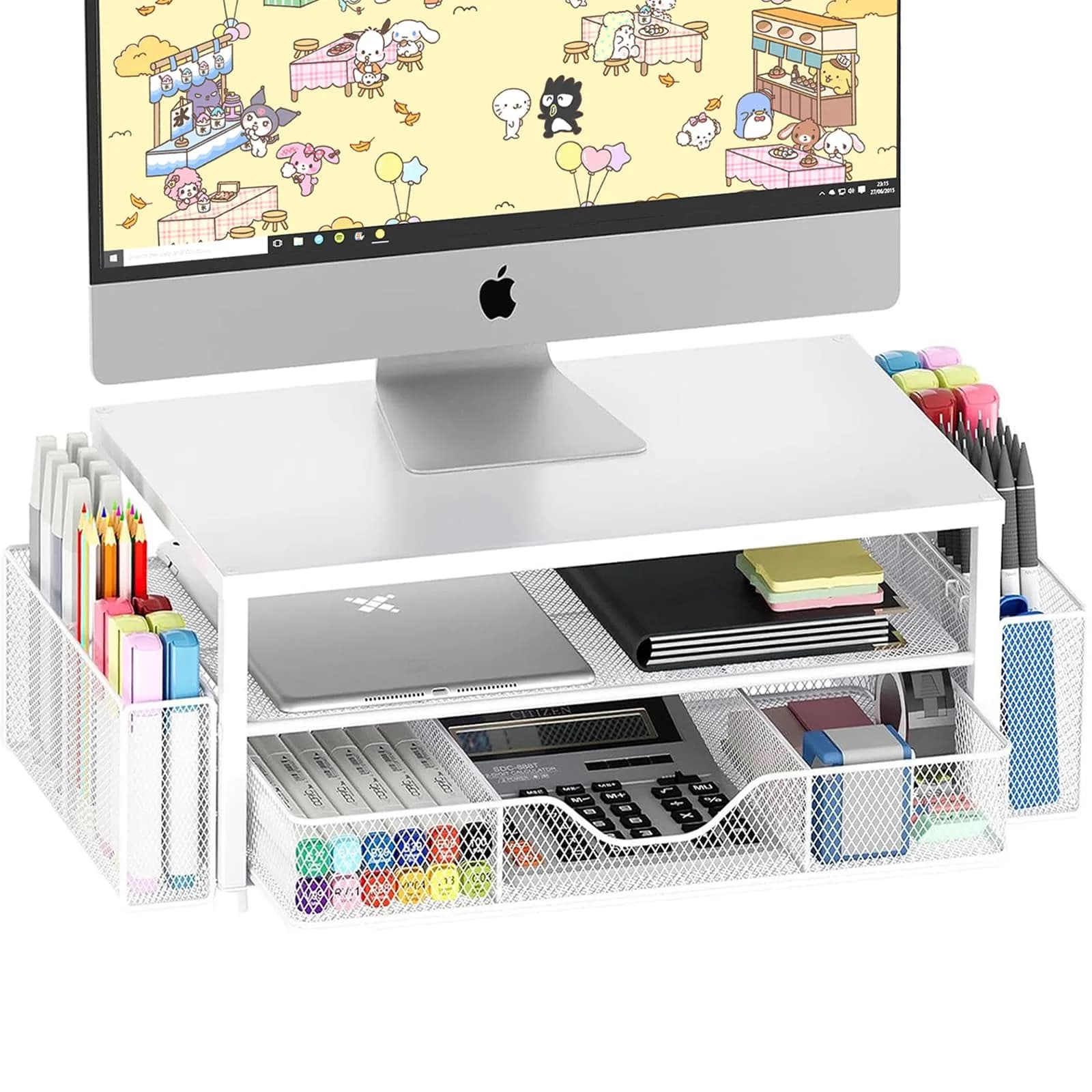 OPNICE 2-Tier Monitor Stand Riser with Drawer and Pen Holders, White 1-Pack | Ergonomic Computer Workstation for Office & Home - main product image