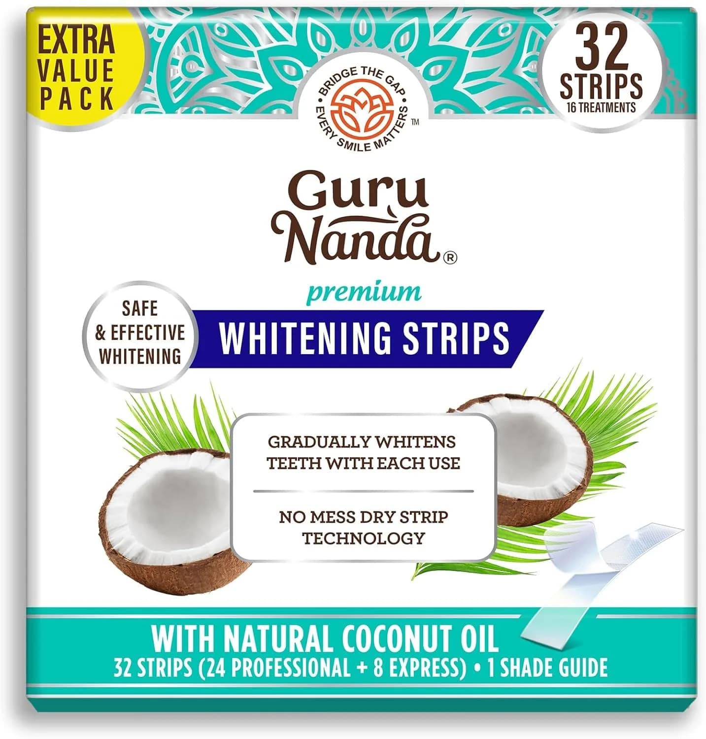 GuruNanda Teeth Whitening Strips Kit with Coconut Extracts, 32 Count (16 Treatments) | Reveal Brighter Smile - main product image