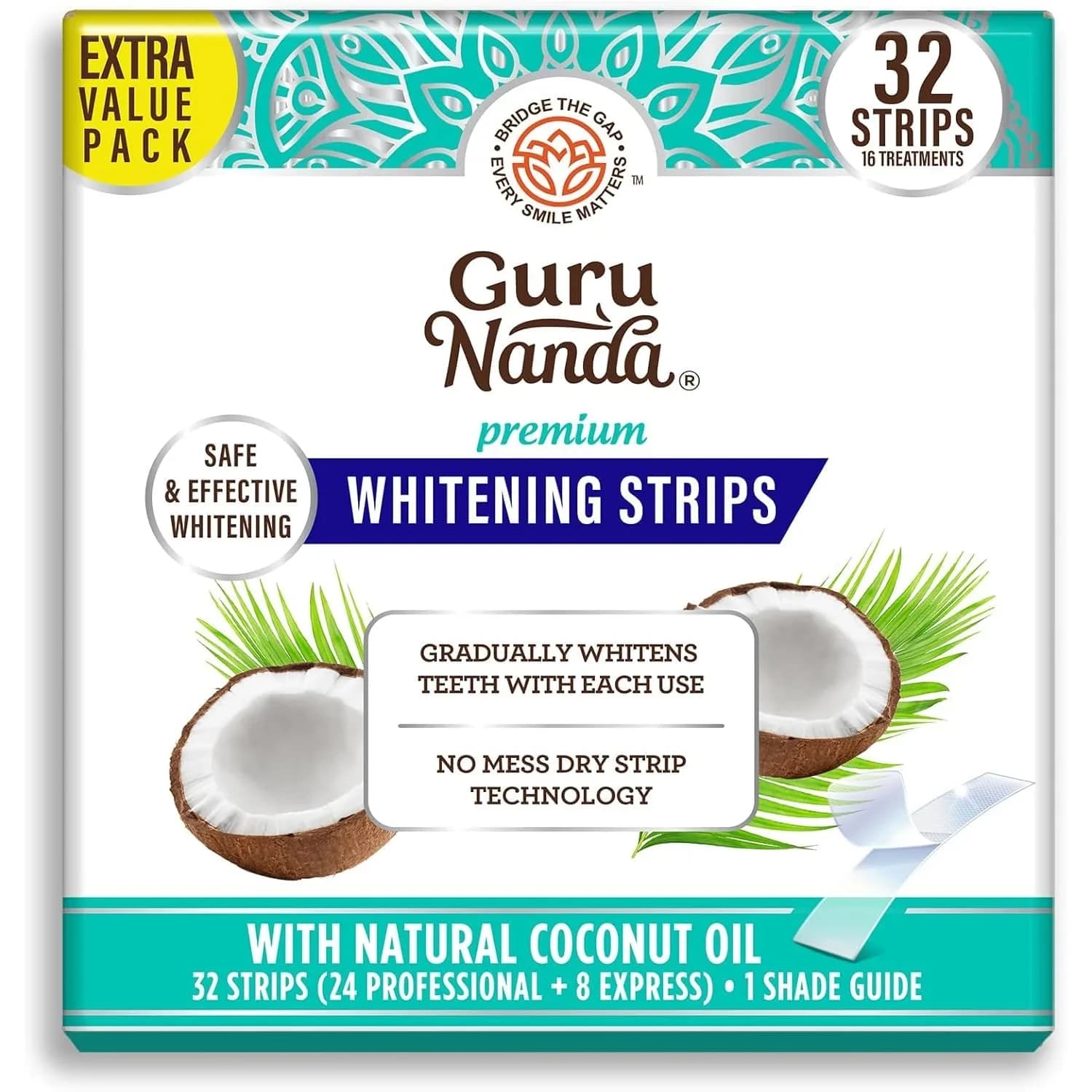 GuruNanda Teeth Whitening Strips Kit 32 Count (Pack of 1) | Hydrogen Peroxide & Coconut Oil for Brighter Smile - main product image