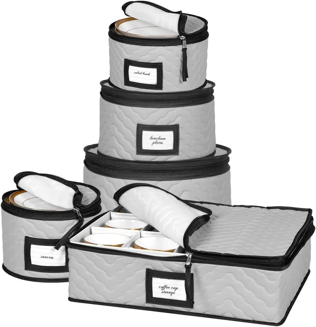 HOLDN’ STORAGE 5-Piece China Storage Container Set for 12 Place Settings | Quilted Microfiber with Dividers - main product image