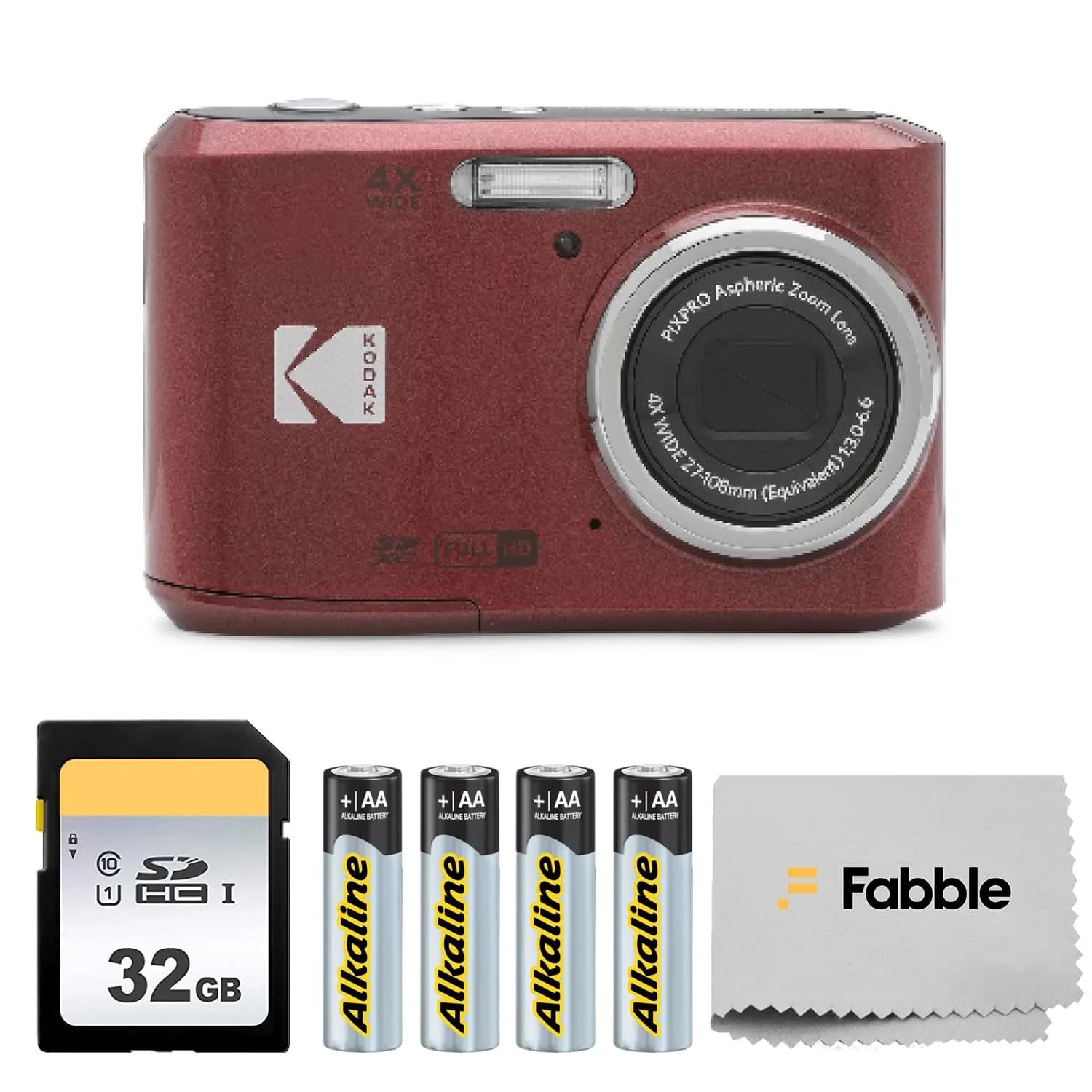 KODAK PIXPRO FZ45 16MP Digital Camera with 4X Optical Zoom 27mm Wide Angle and 2.7" LCD Screen Bundle with 32GB SD Memory Card, AA Batteries (Red)