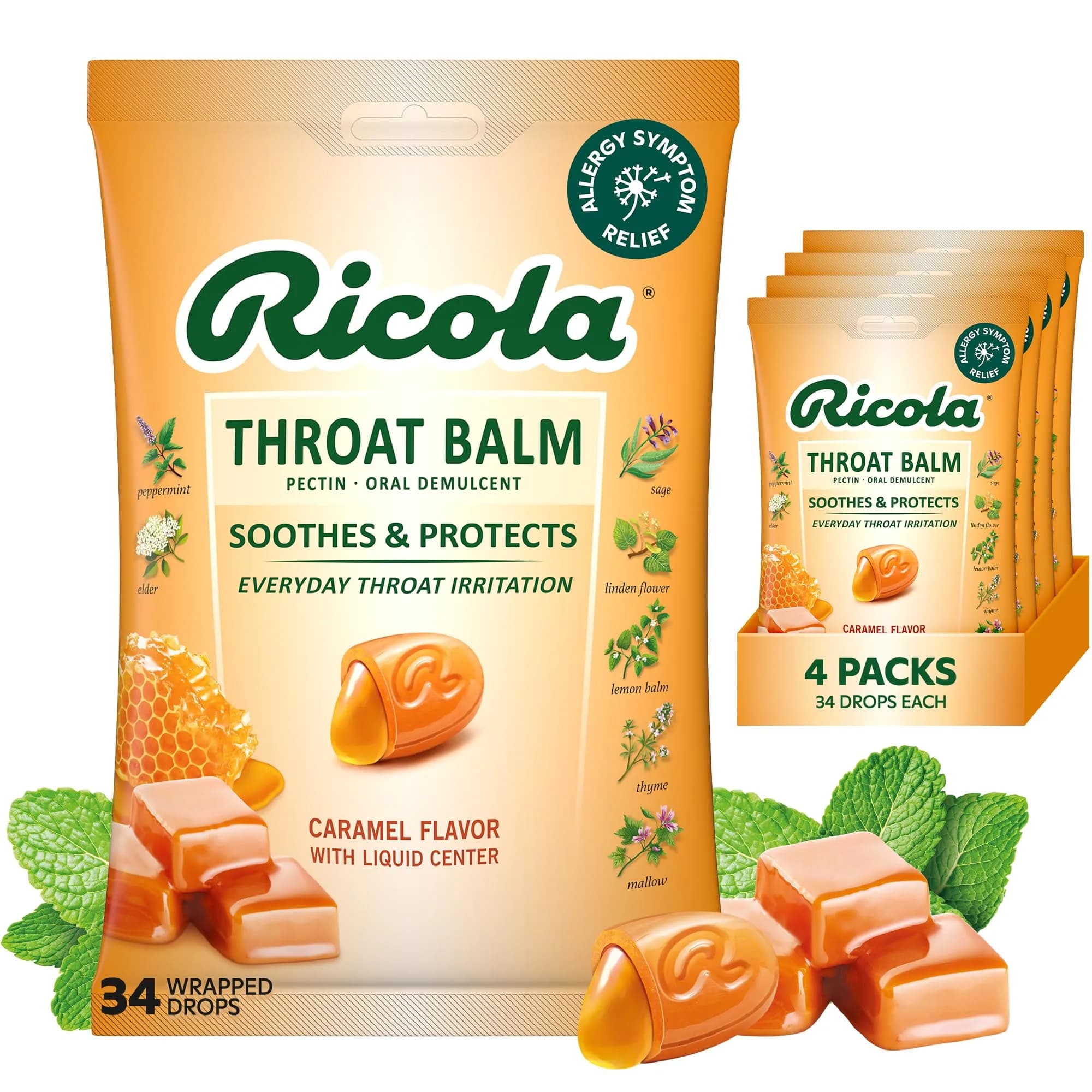 Ricola Throat Balm Caramel Flavor Herbal Throat Drops - 136 Count | Swiss Alpine Herbs & Honey Liquid Center