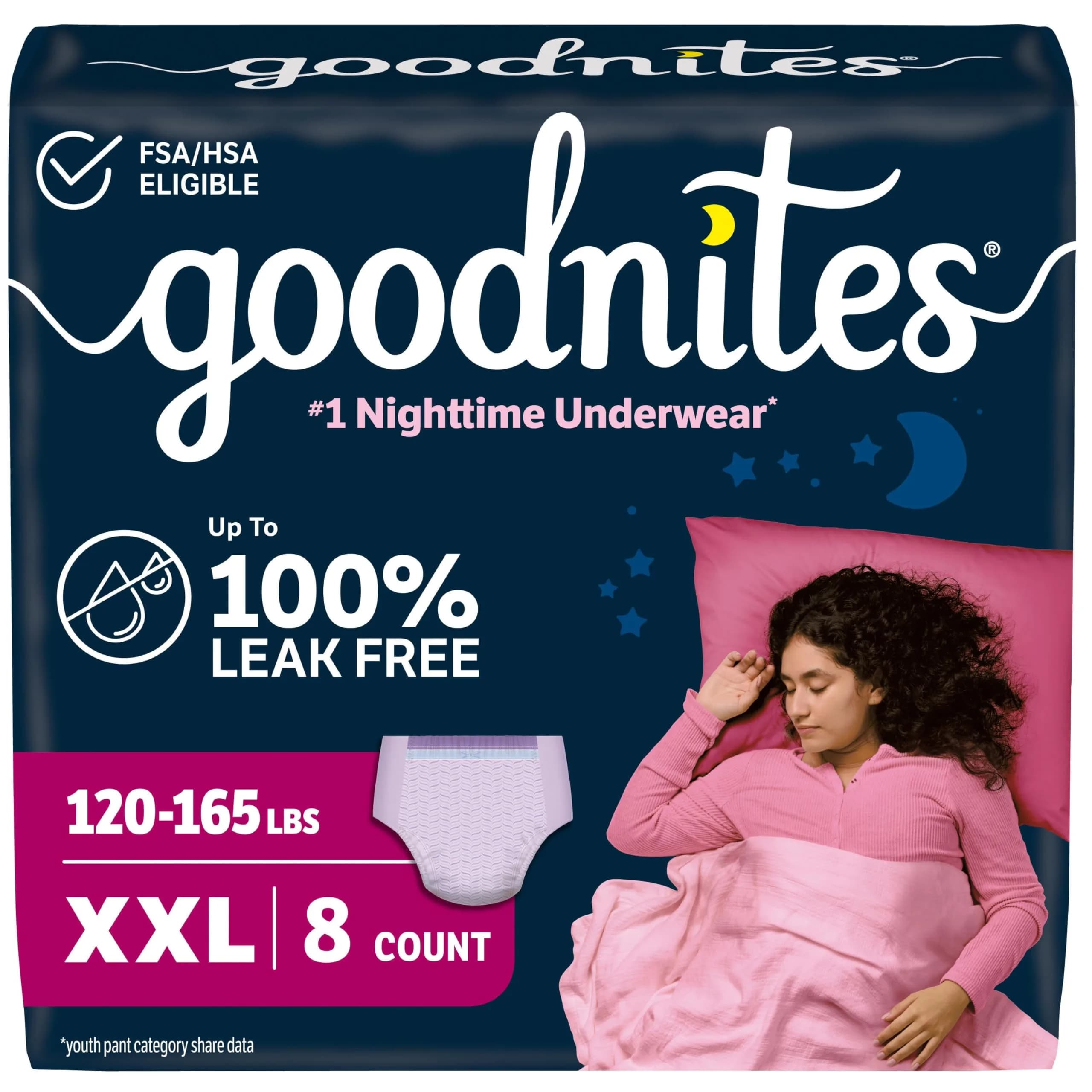 GoodNites Girls' Nighttime Underwear XXL (120-165 lbs) | Leak-Free Protection for Teens - main product image