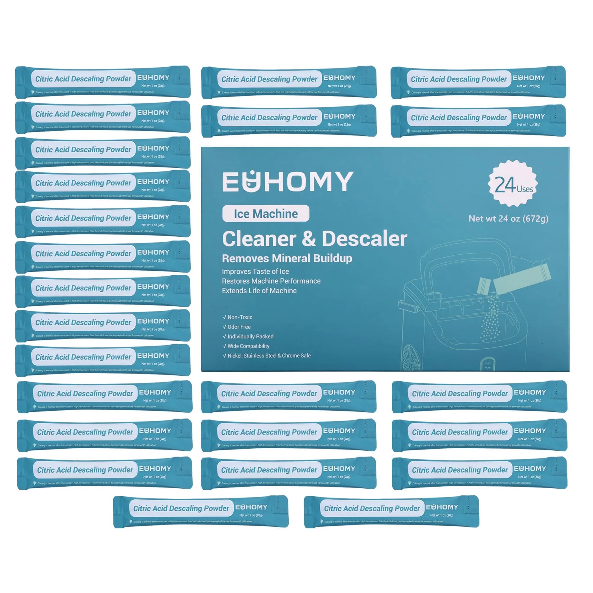 EUHOMY Ice Maker Cleaner & Descaler Powder (24 Uses) | Organic Citric Acid Formula for All Ice Machines - main product image