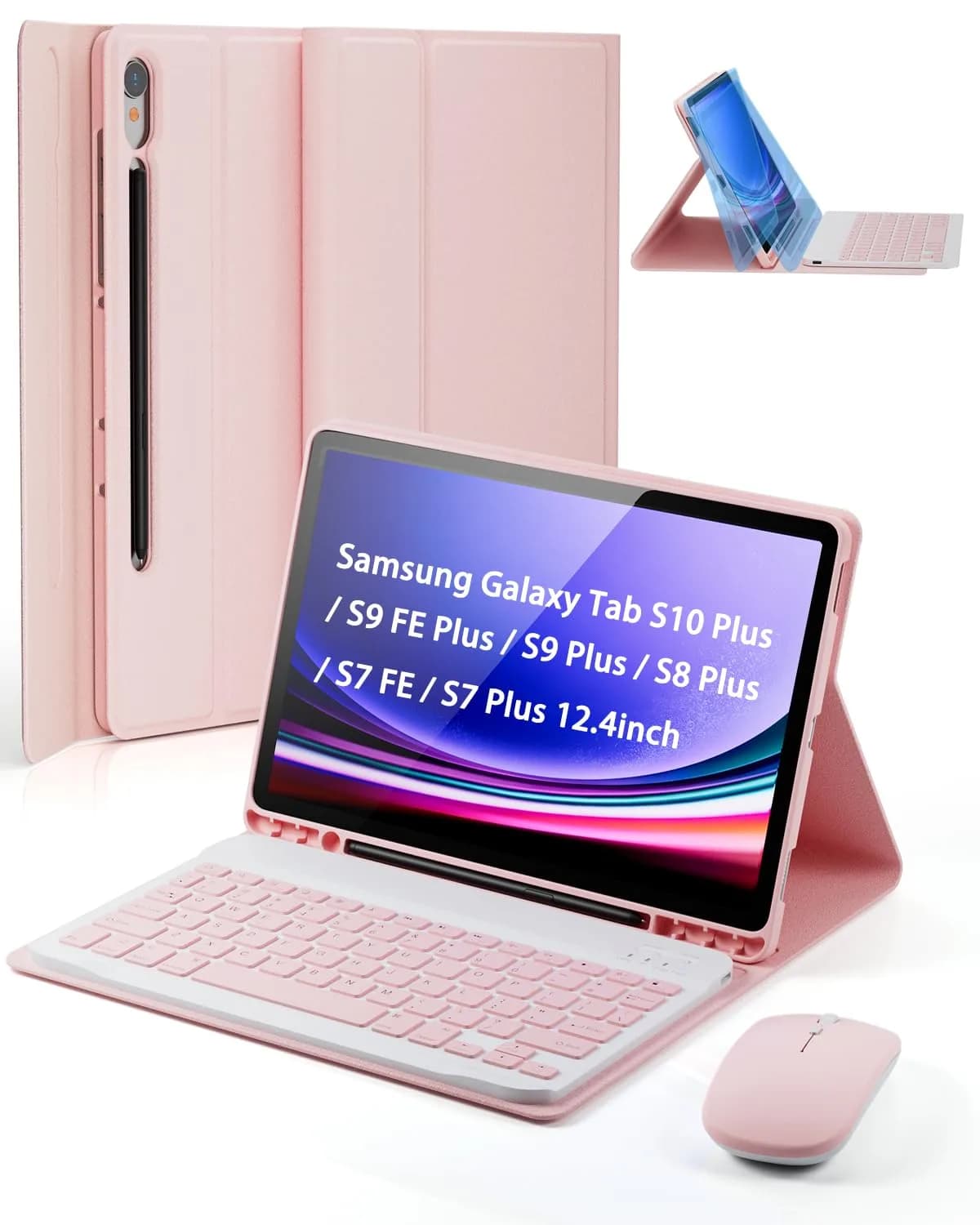 TUNKARMOR Pink Keyboard Case for Samsung Galaxy Tab S10+ / S9 FE+ / S9+ / S8+ / S7 FE / S7+ Plus 12.4-inch with Mouse & S Pen Holder | Detachable Magnetic Keyboard - main product image