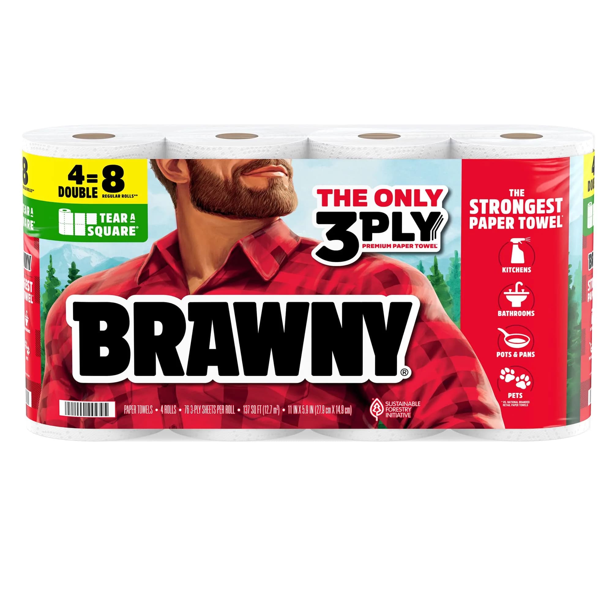 Brawny Tear-A-Square 3-Ply Paper Towels, 4 Double Rolls (8 Regular Rolls) | Strong, Absorbent, Durable with 3 Sheet Sizes - main product image
