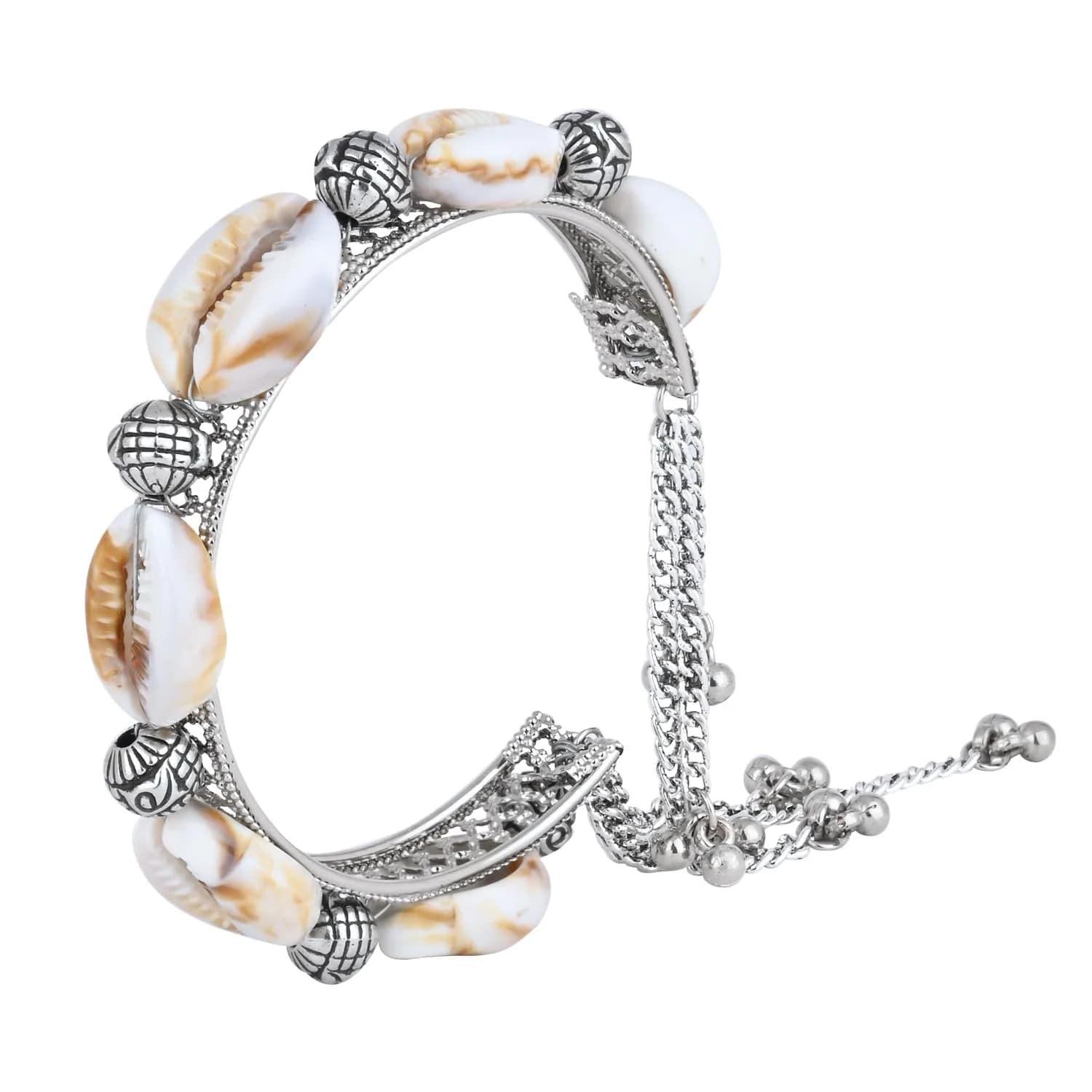 I Jewels Navratri Ethnic Silver Oxidised Indian Wedding Bollywood Afghani Boho Shell Ghungroo Adjustable Cuff Kada Bracelet For Women (ADB522OX) | Traditional Ethnic Design - main product image