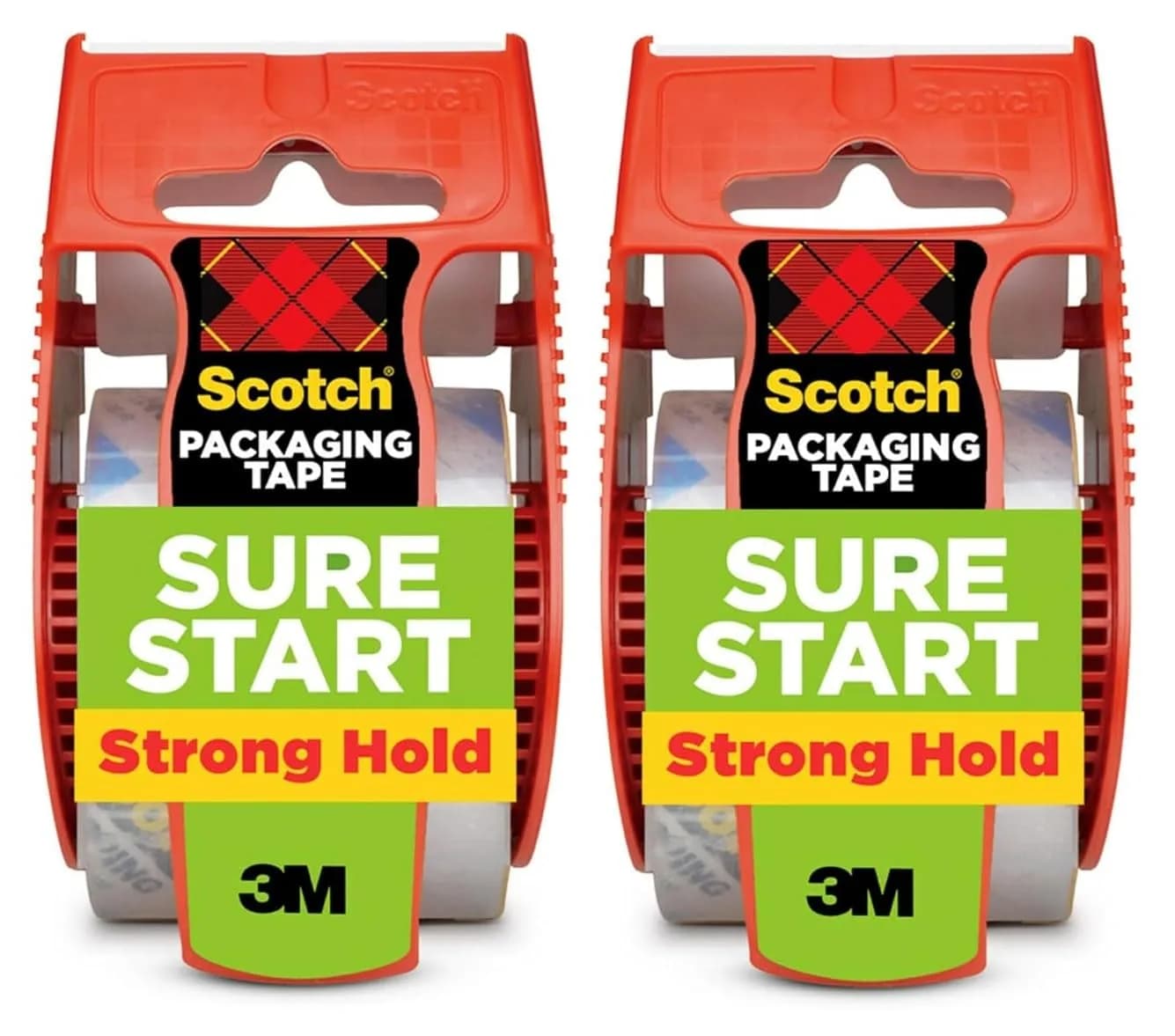 Scotch Sure Start Packing Tape with Dispensers, Clear, 4.8cm (1.88 inch) x 22.2 Yard, 2 Rolls | Quiet Unwind & Easy Start - main product image