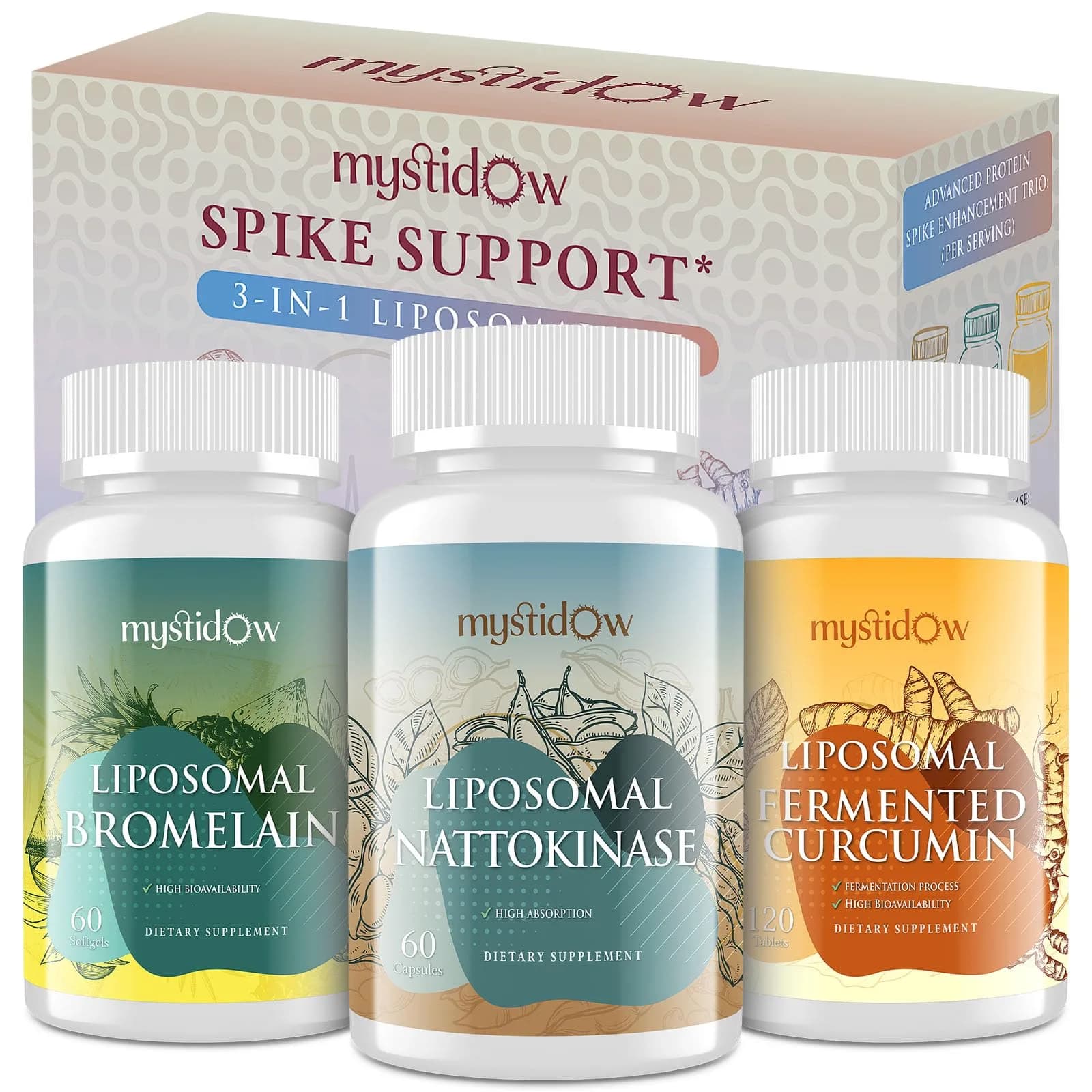 Mystidow Spike Support Trio | Liposomal Nattokinase 8000 FU 500mg, Bromelain 1150 mg & Fermented Curcumin 1800 mg | High Potency, Enhanced Absorption Formula | for Immune, Heart & Circulatory | 60 Servings