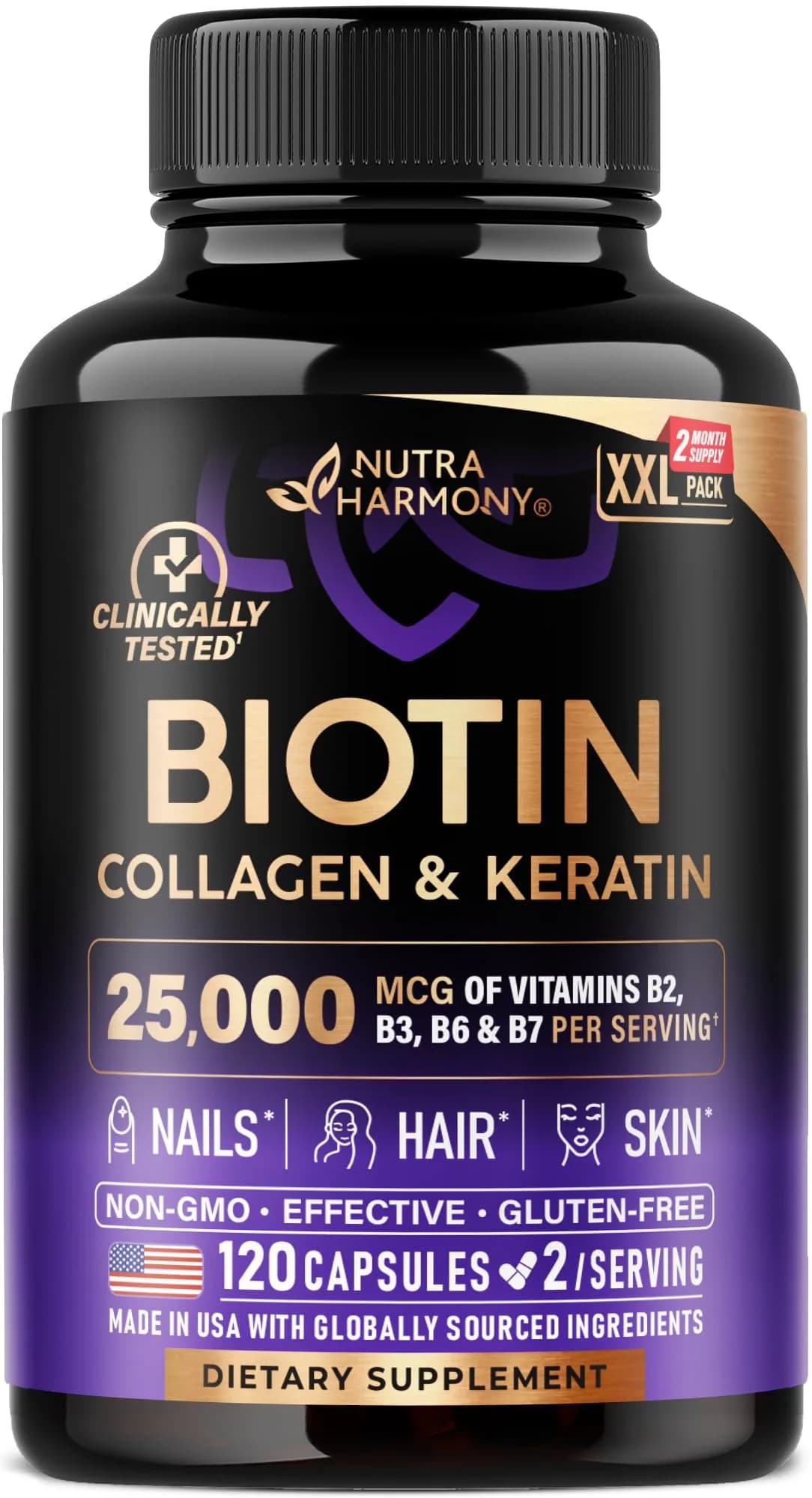 NUTRAHARMONY Biotin Collagen Keratin Hyaluronic Acid Capsules | Supports Hair Growth, Skin & Nails (120 Count) - main product image