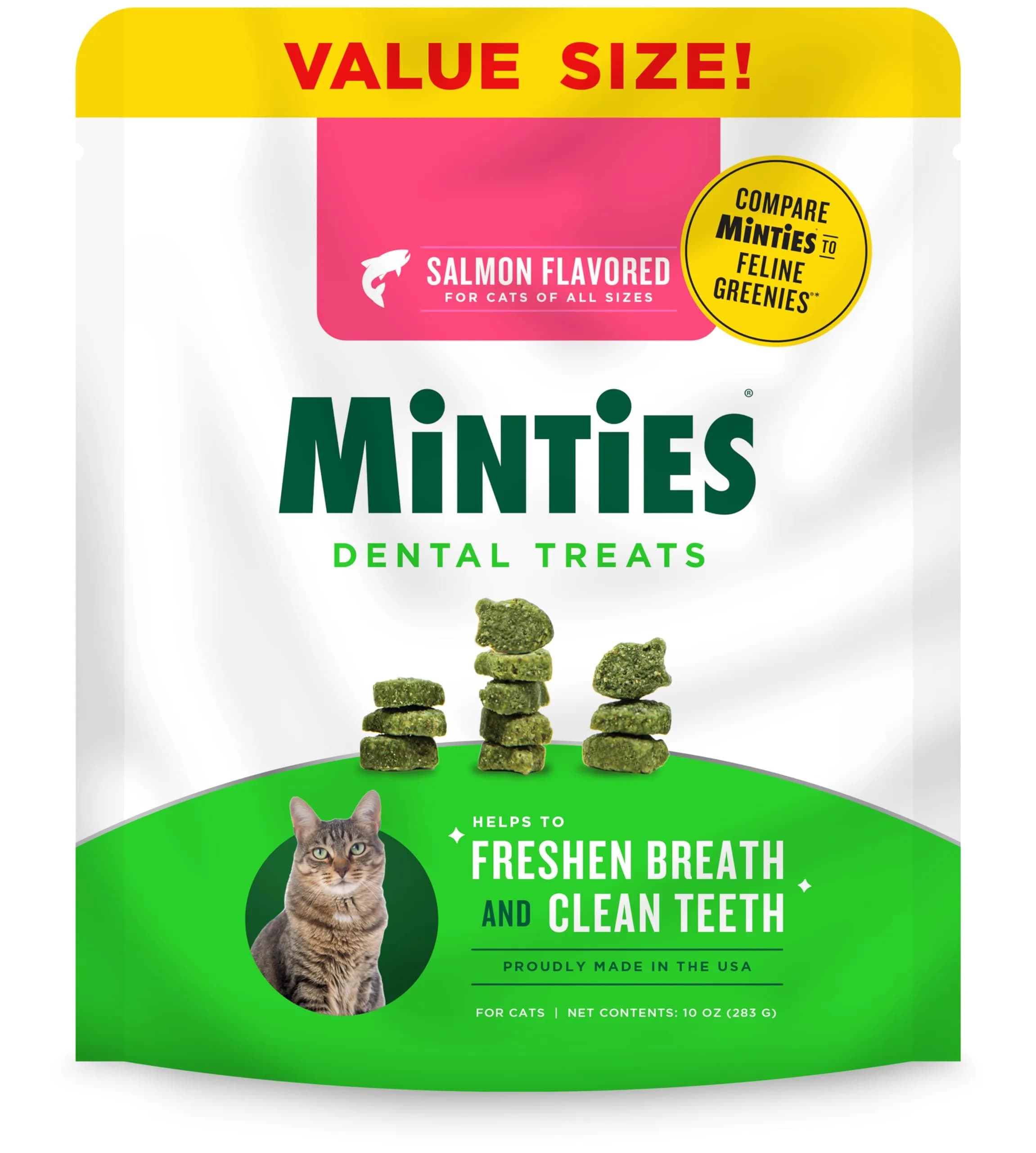 Minties Dental Treats for Cats, Salmon Flavored Cat Dental Treats, Freshens Breath and Controls Tartar, 283g (10 oz) - main product image