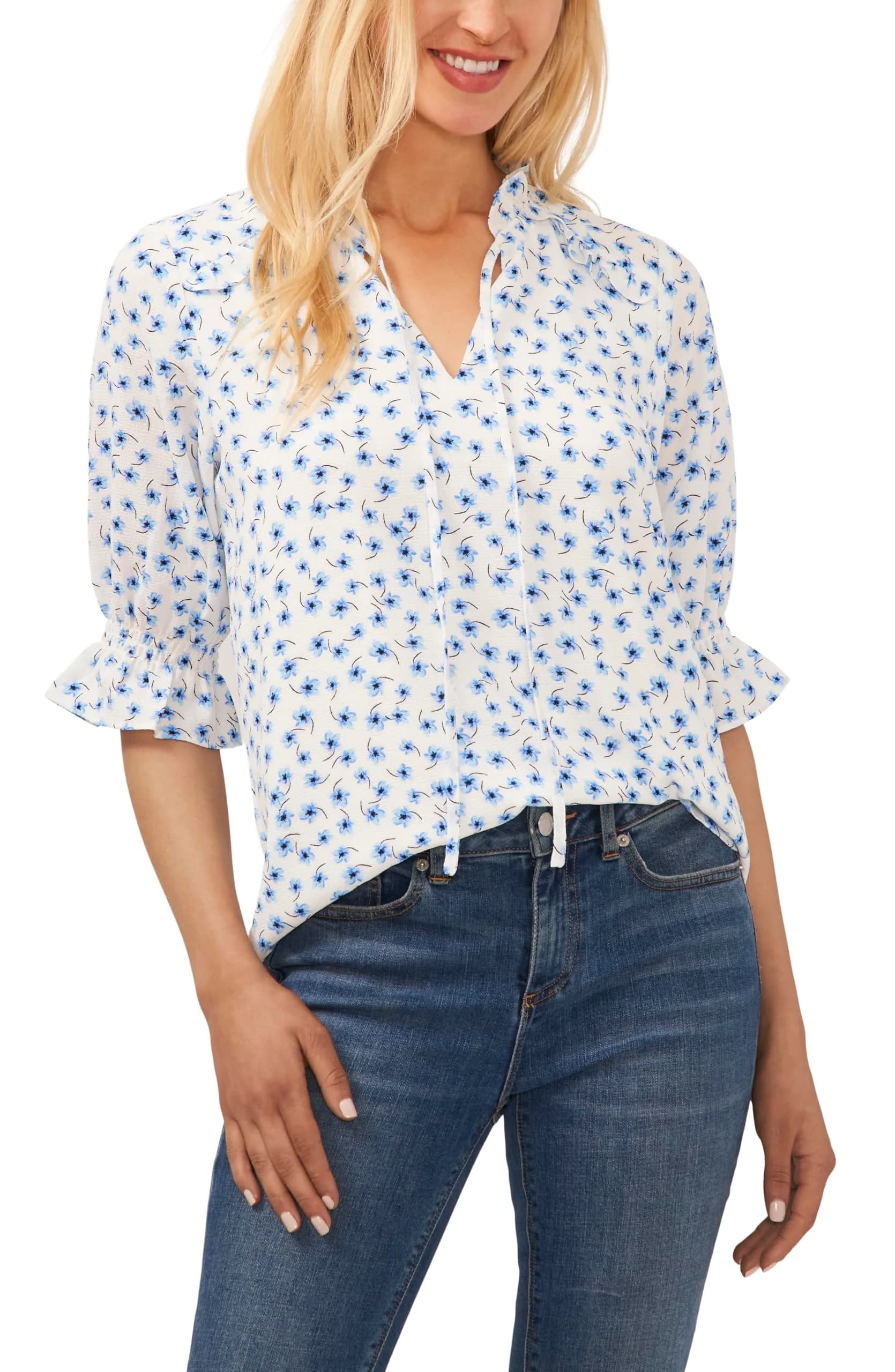 CeCe Elbow Sleeve Split Neck Top | Flattering V-Neck, Versatile Fit, New Ivory (98% Polyester, 2% Spandex) | Medium