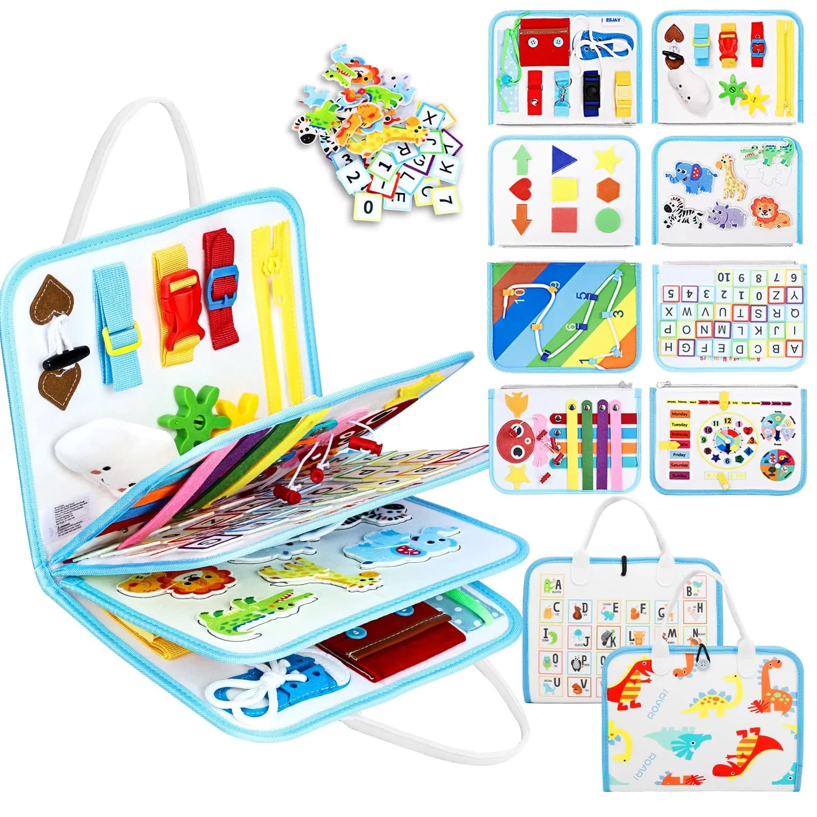 Esjay White Dinosaur Toddler Busy Board Montessori Toys for Boys & Girls, 8-Page Sensory Book with Fine Motor Skill Activities - main product image