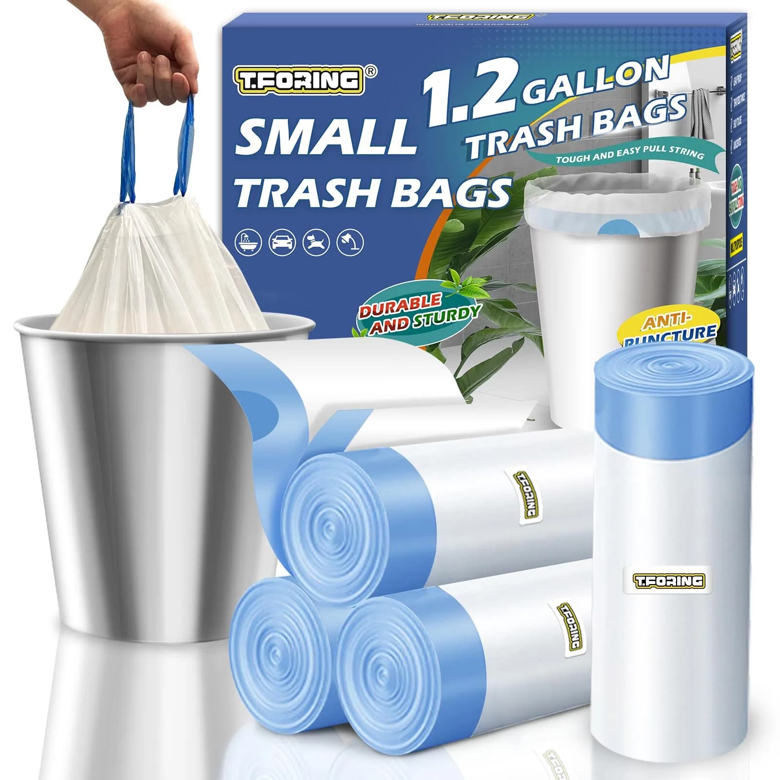 T.FORING Drawstring Trash Bags | 1.2 Gallon (4.5L) White Waste Bags, 120 Count | USA Import - main product image