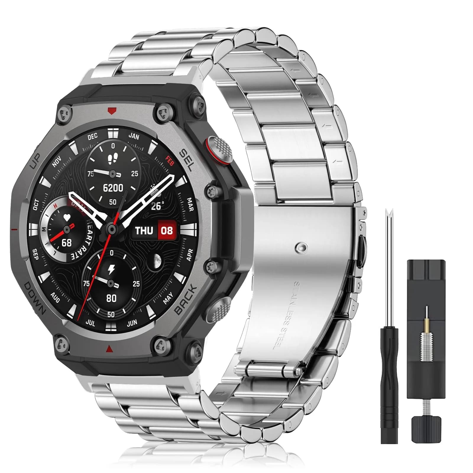 CeiLarv Metal Watch Band for Amazfit T-Rex 3 | Stainless Steel, Adjustable, Silver - main product image